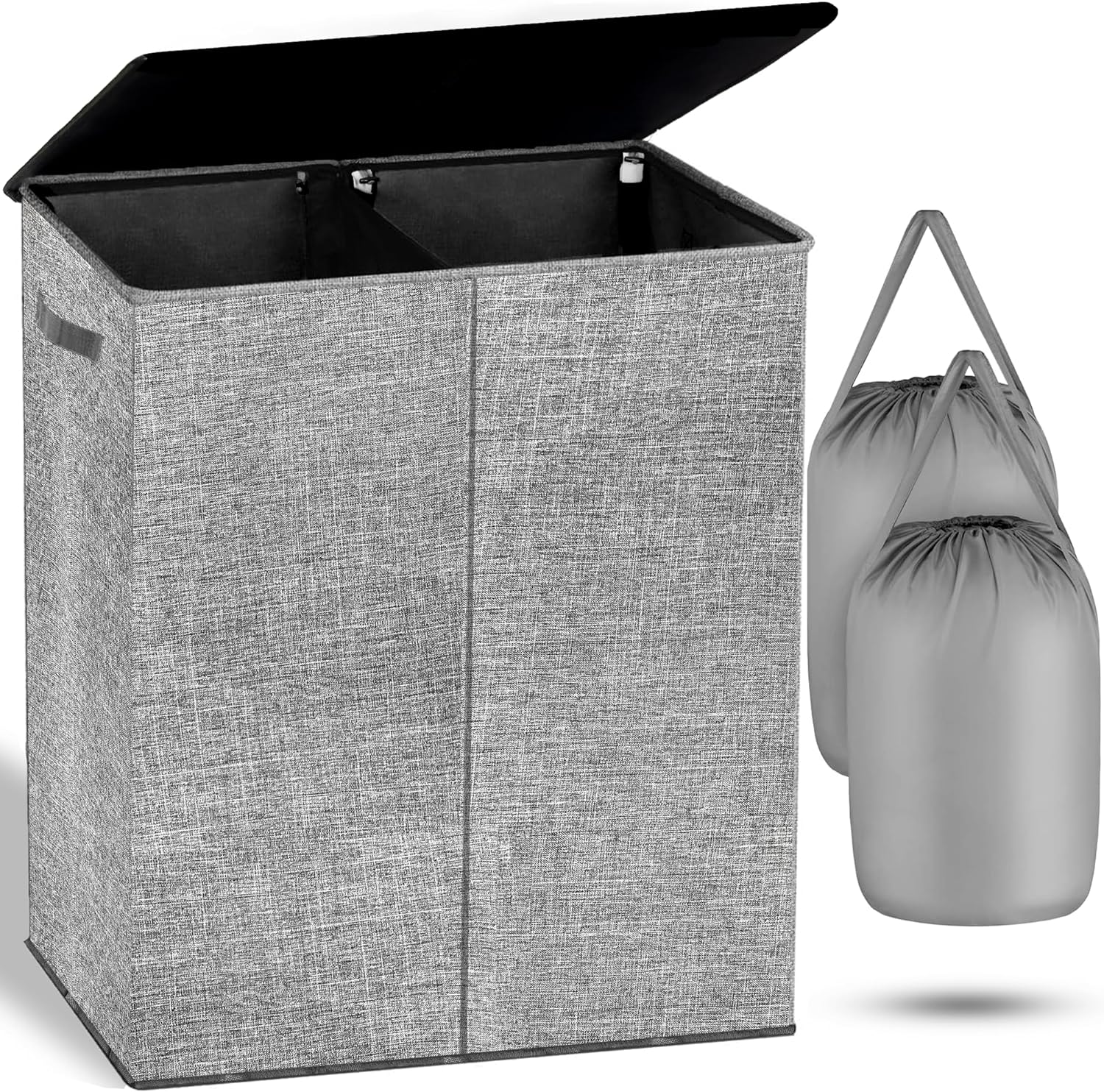 NUCAZA Double Laundry Basket with Lid & Removable Laundry Bags, 2 Compartments W...