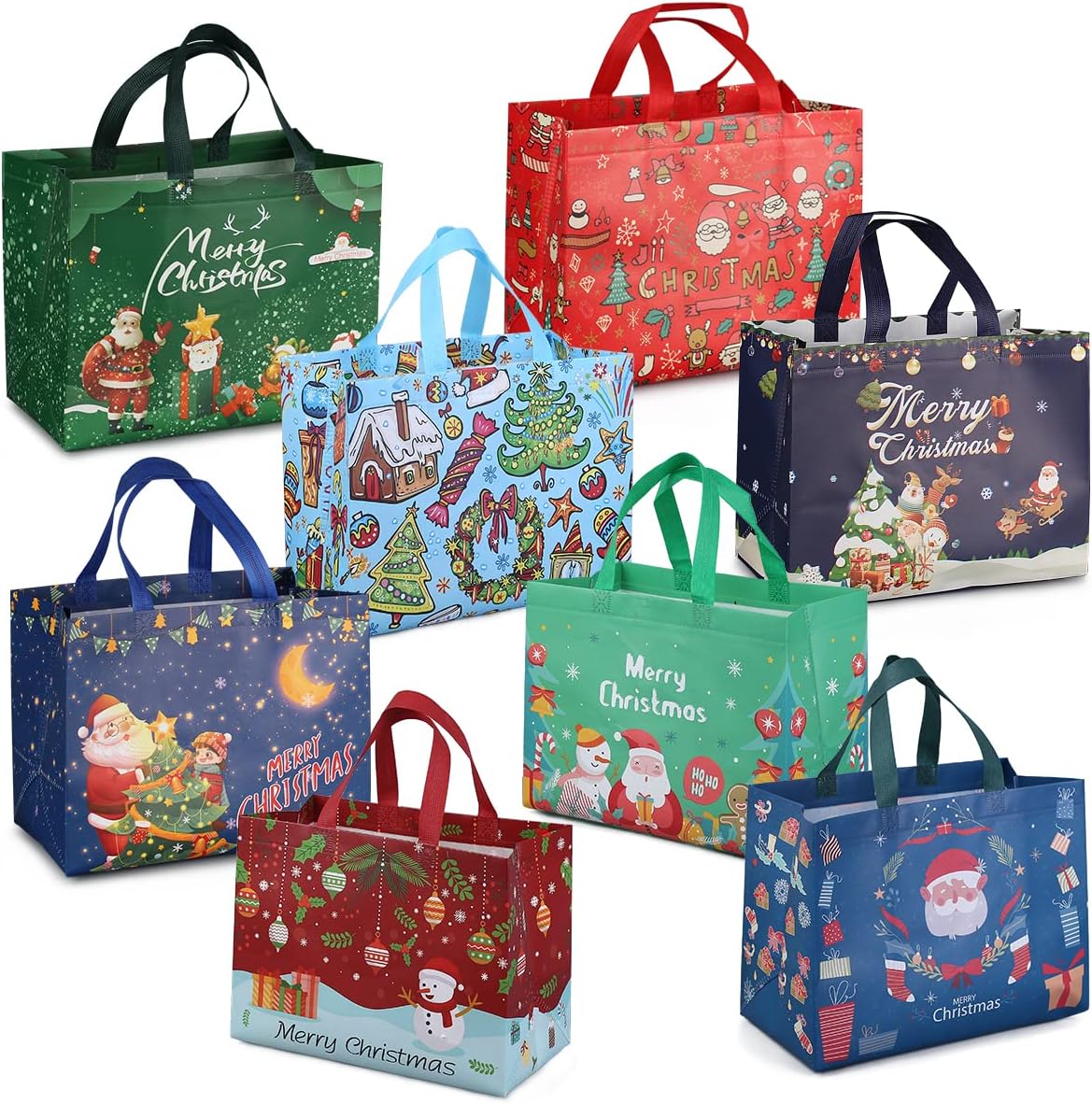 8PCS Christmas Bags for Gifts, Tote Bags with Handles, Christmas Treat Bags, Non...