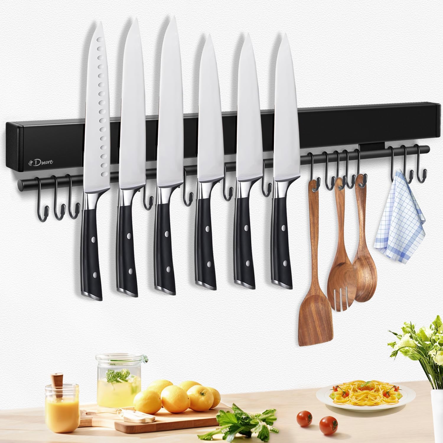 Dmore 59cm Magnetic Knife Holder for Wall with 15 Hooks, No Drilling Black Knife...