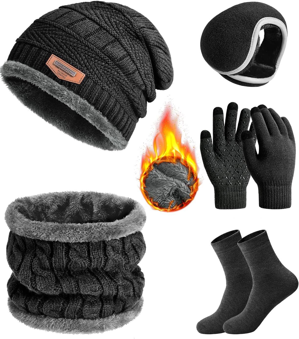 heekpek Mens Hat Scarf Glovers Set Unisex 5PCS Winter Set Fleece Lining Knitted...