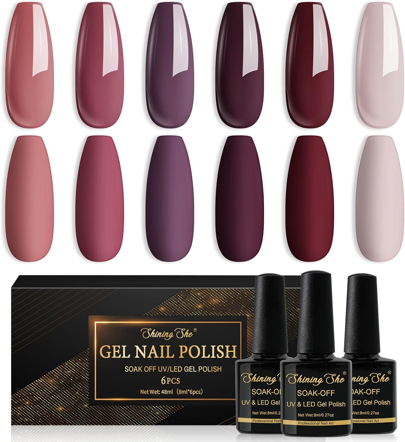 Shining She Gel Nail Polish, 6 Colours Rose Purple Brown Taupe Burgundy Gel Poli...