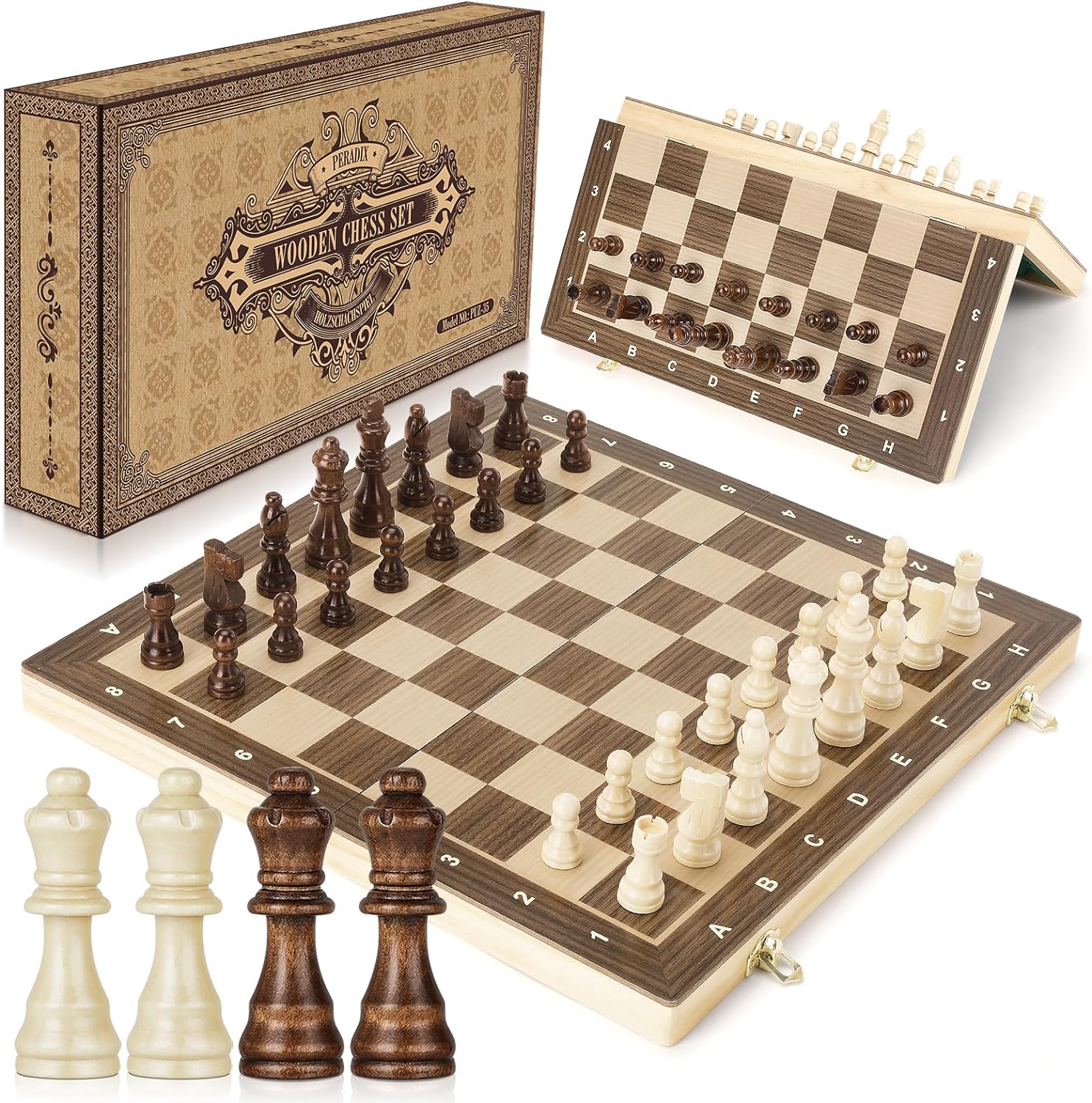 Peradix Chess Set | Wooden Magnetic Chess Board | 2 Extra Queen | 38x38cm Foldin...