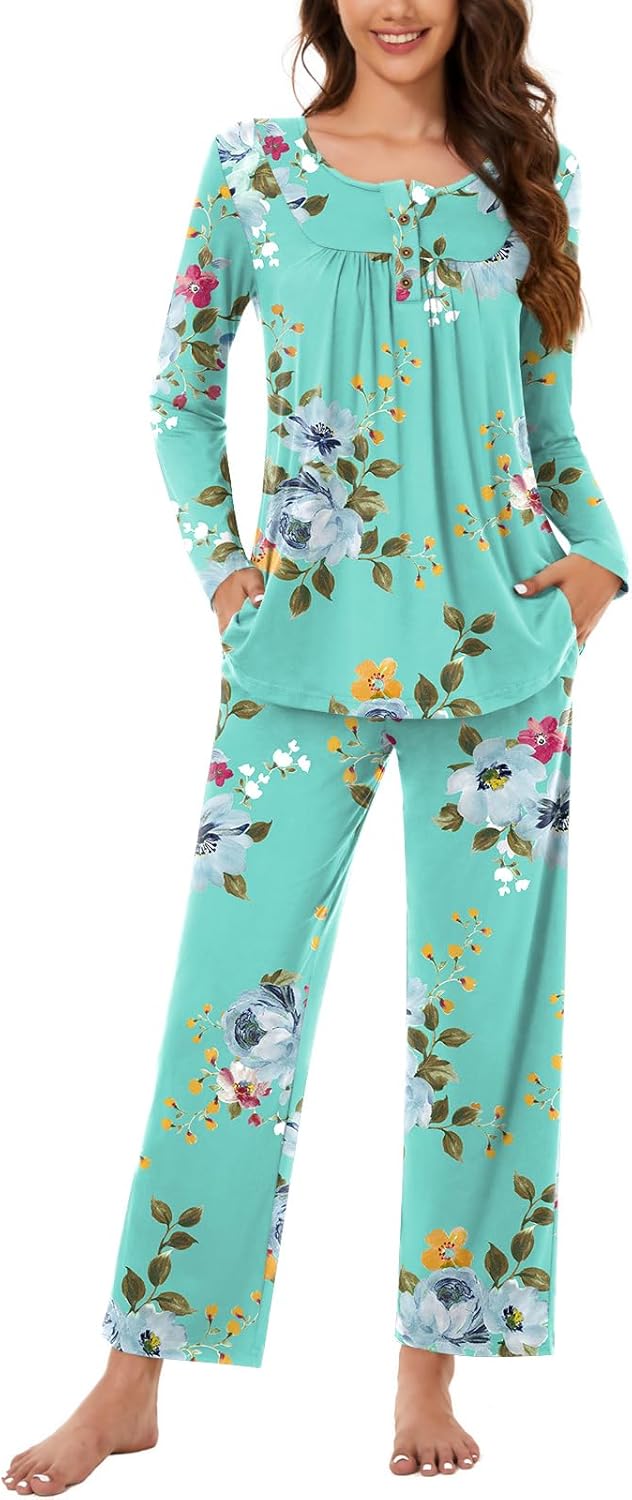 Bestbee Women's Pyjamas Set, 2 Piece Pleated Nightwear Set Long Sleeve Long Pant...