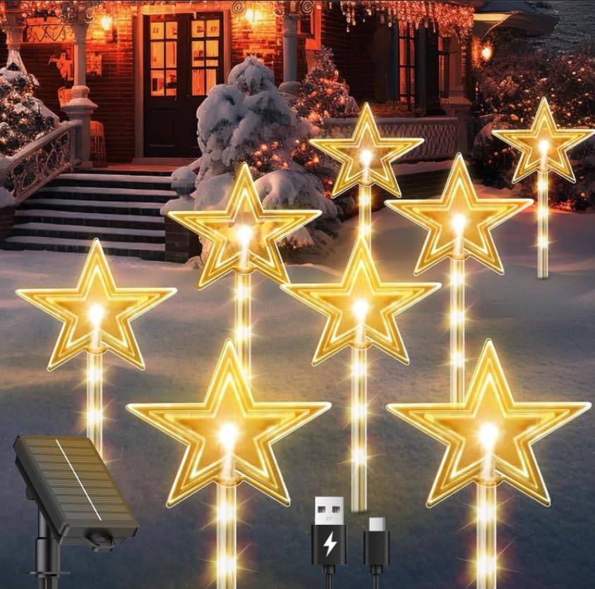 RECHOO Solar Outdoor Christmas Decorations, 8 Pack Warm Star Christmas Lights wi...