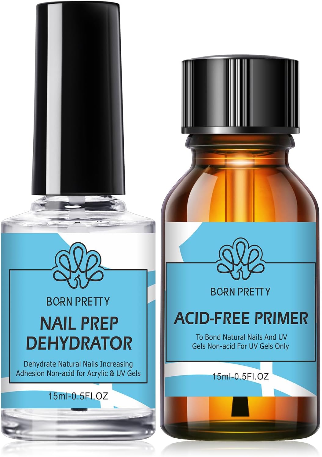 BORN PRETTY Nail Dehydrator and Primer Set, Acid Free Natural Nail Prep Dehydrat...