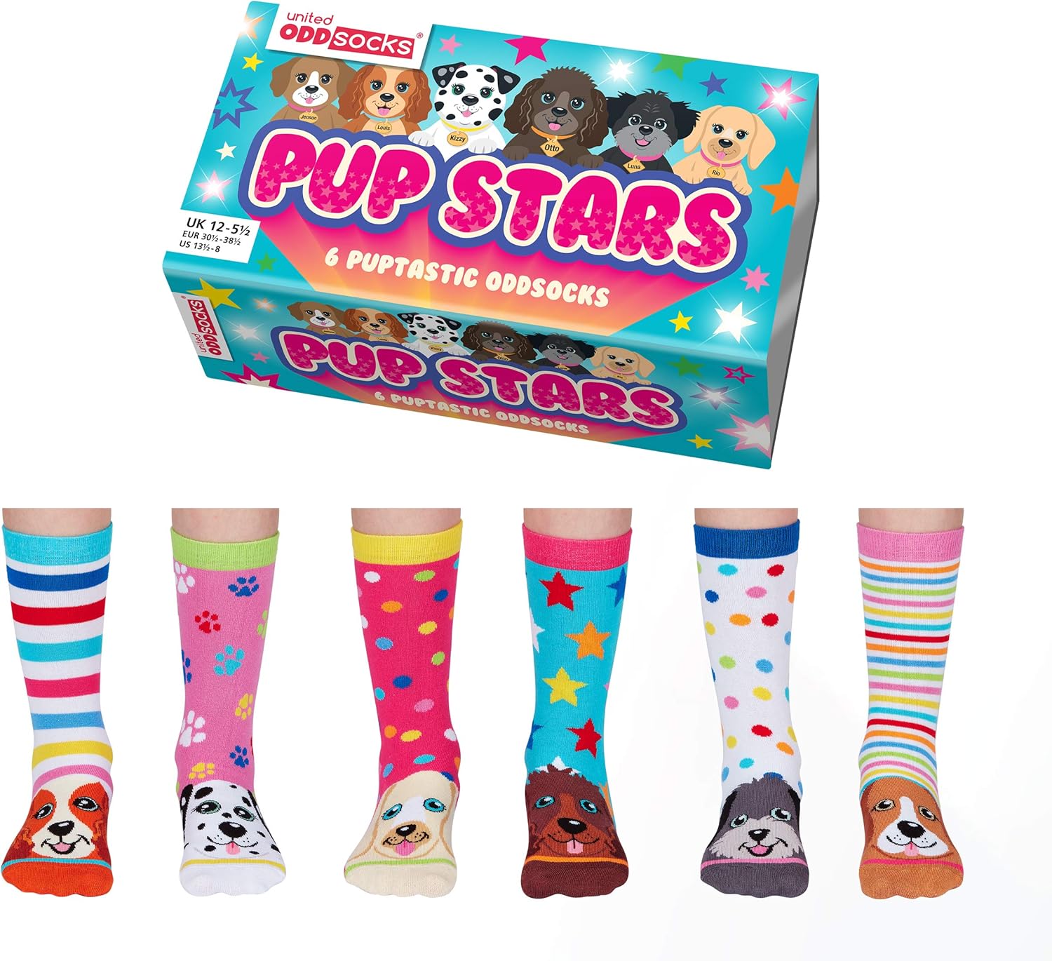 United Oddsocks - Pup Stars- Box 6 Mix and Match Oddsocks For Girls, UK 12-5.5,...