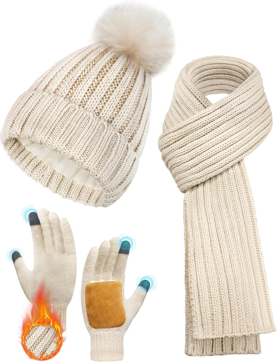 JKKLCC Hat Scarf And Gloves Set Ladies,Winter Beanie Hat with Pom Pom Fleece Lin...