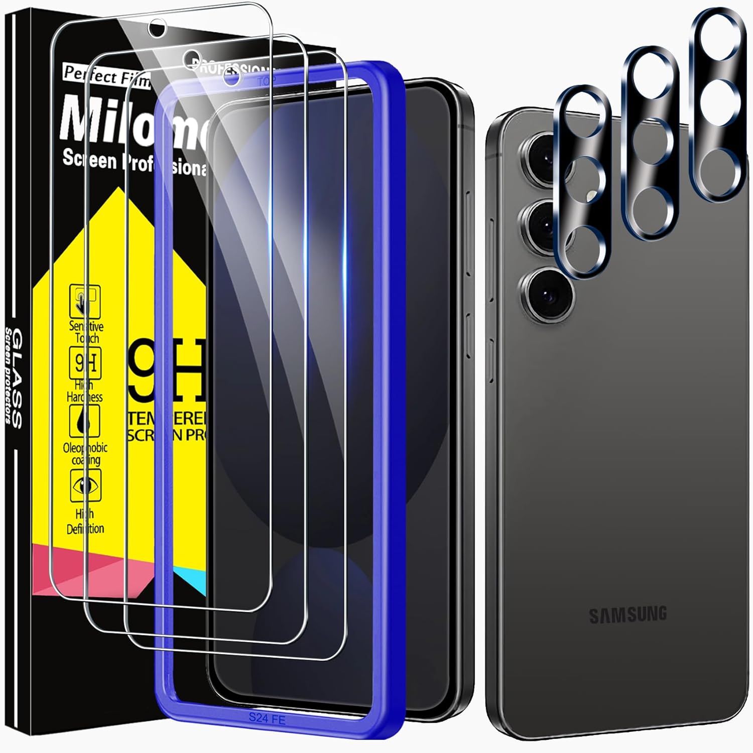 Milomdoi 3 Pack Screen Protector for Samsung Galaxy S24 FE with 3 Pack Camera Le...