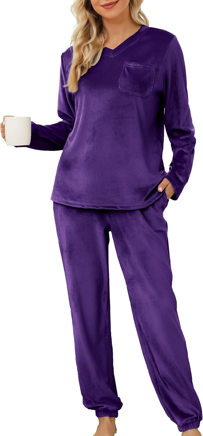 Lovasy Women's Fleece Pyjamas Sets Warm Fluffy Pjs with Pockets for Winter Purpl...