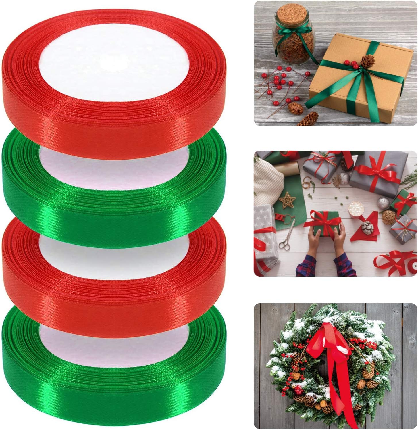 Alintor 100 Yards Red Green Ribbon, Christmas Ribbon for Gift Wrapping, Satin Ri...