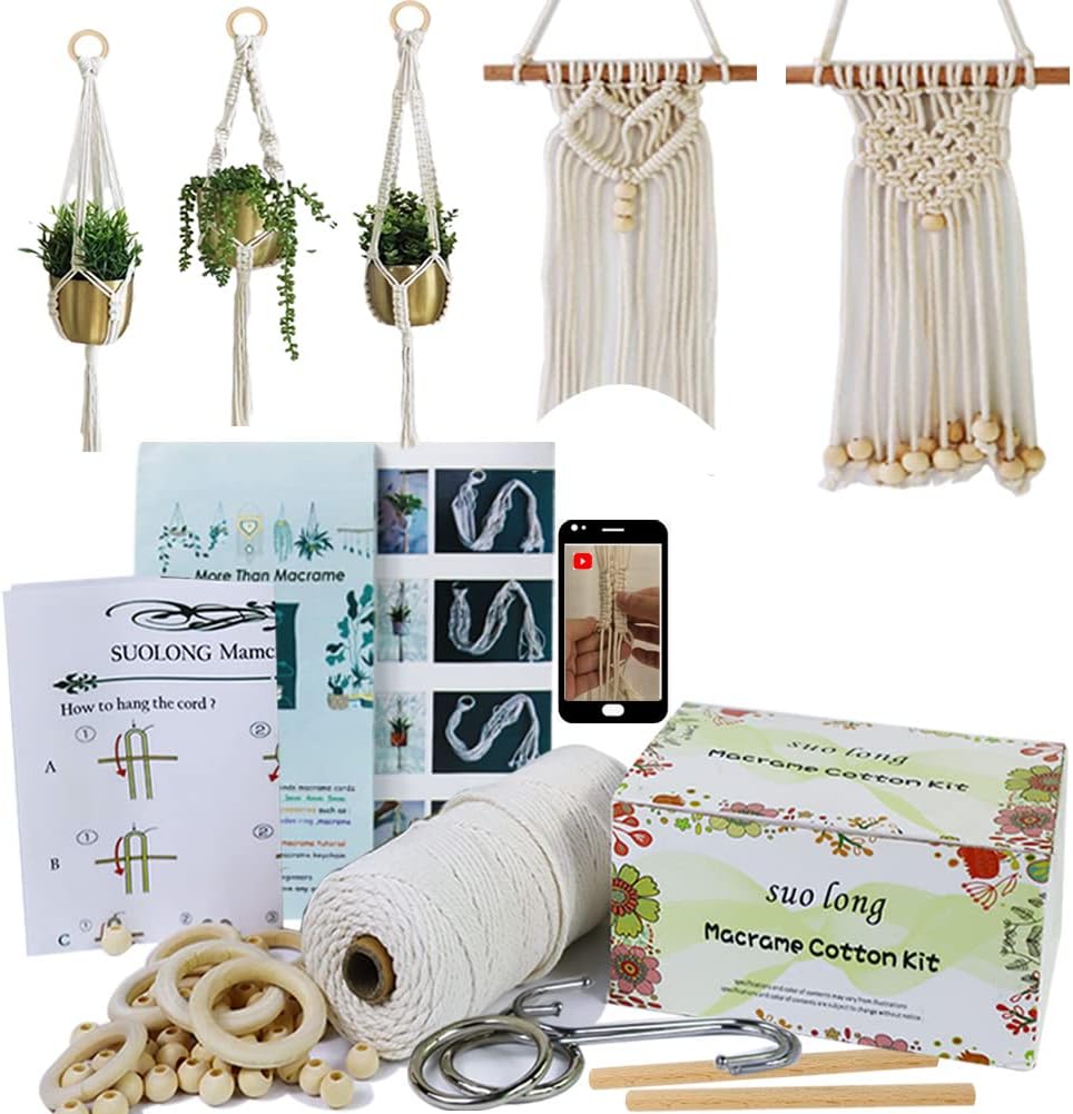 Beginners Macrame Kit for Adults,Featuring 3mm Macrame Cord,Wooden Beads,Rings,I...