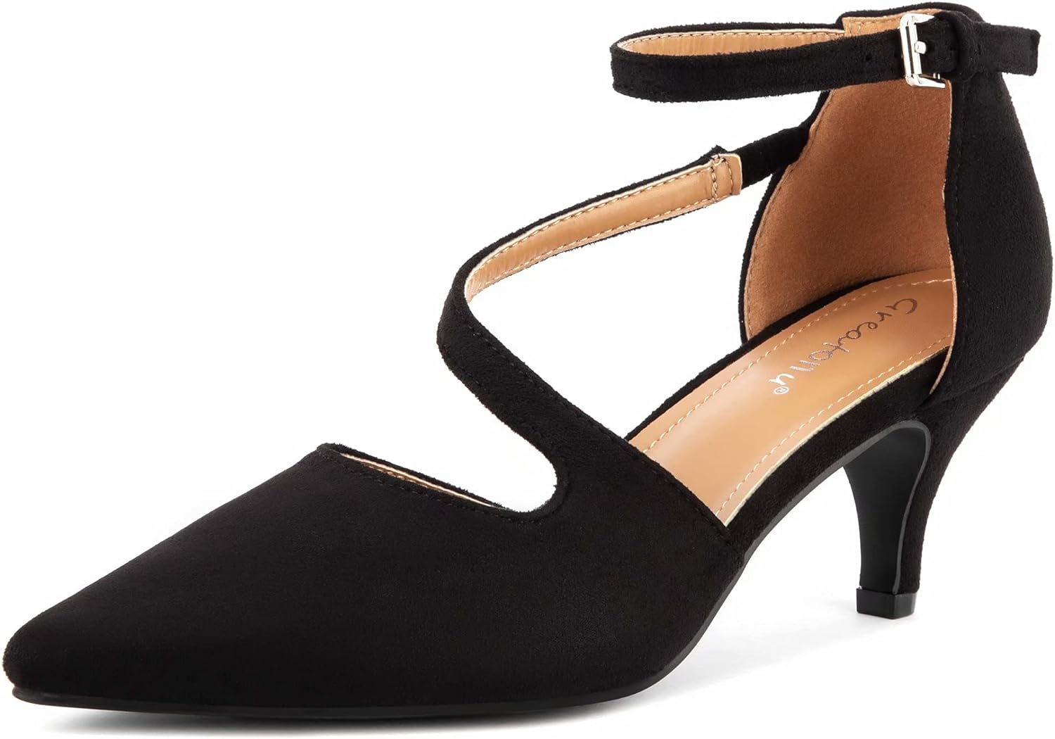 Greatonu Women's Pointed Toe Kitten Mid Low Heel Sandals Ankle Strap Pumps Elast...