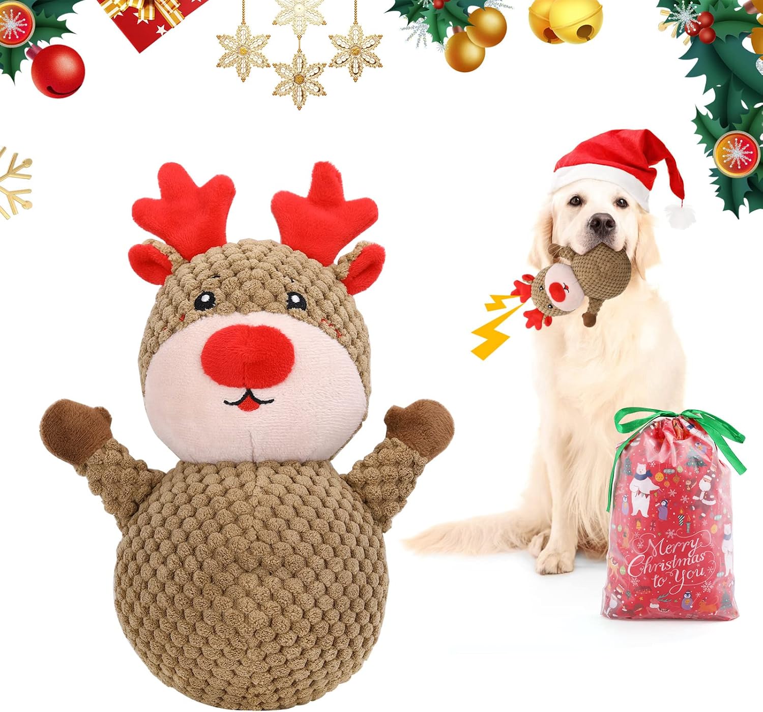 Lewondr Christmas Plush Dog Squeaky Toys, Durable Dog Bites Deer Toys, Interacti...
