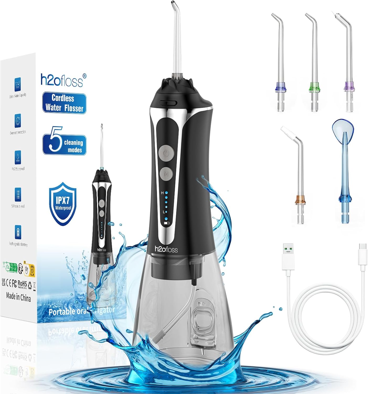 H2ofloss Water Flosser for Teeth Cordless, IPX7 Waterproof Oral Irrigator in 5 M...