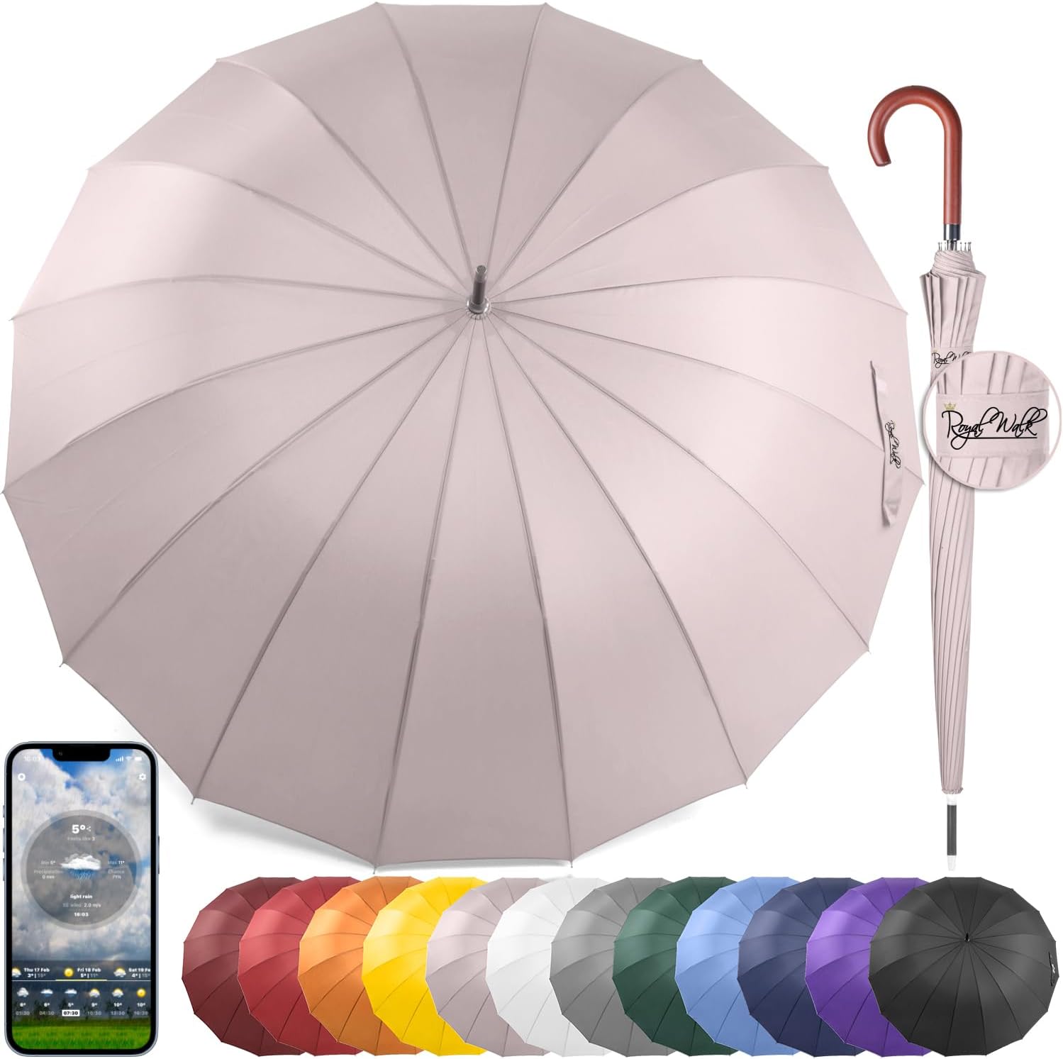 Royal Walk Windproof Umbrella Black Large 54 Inch Automatic Open for 2 Persons S...