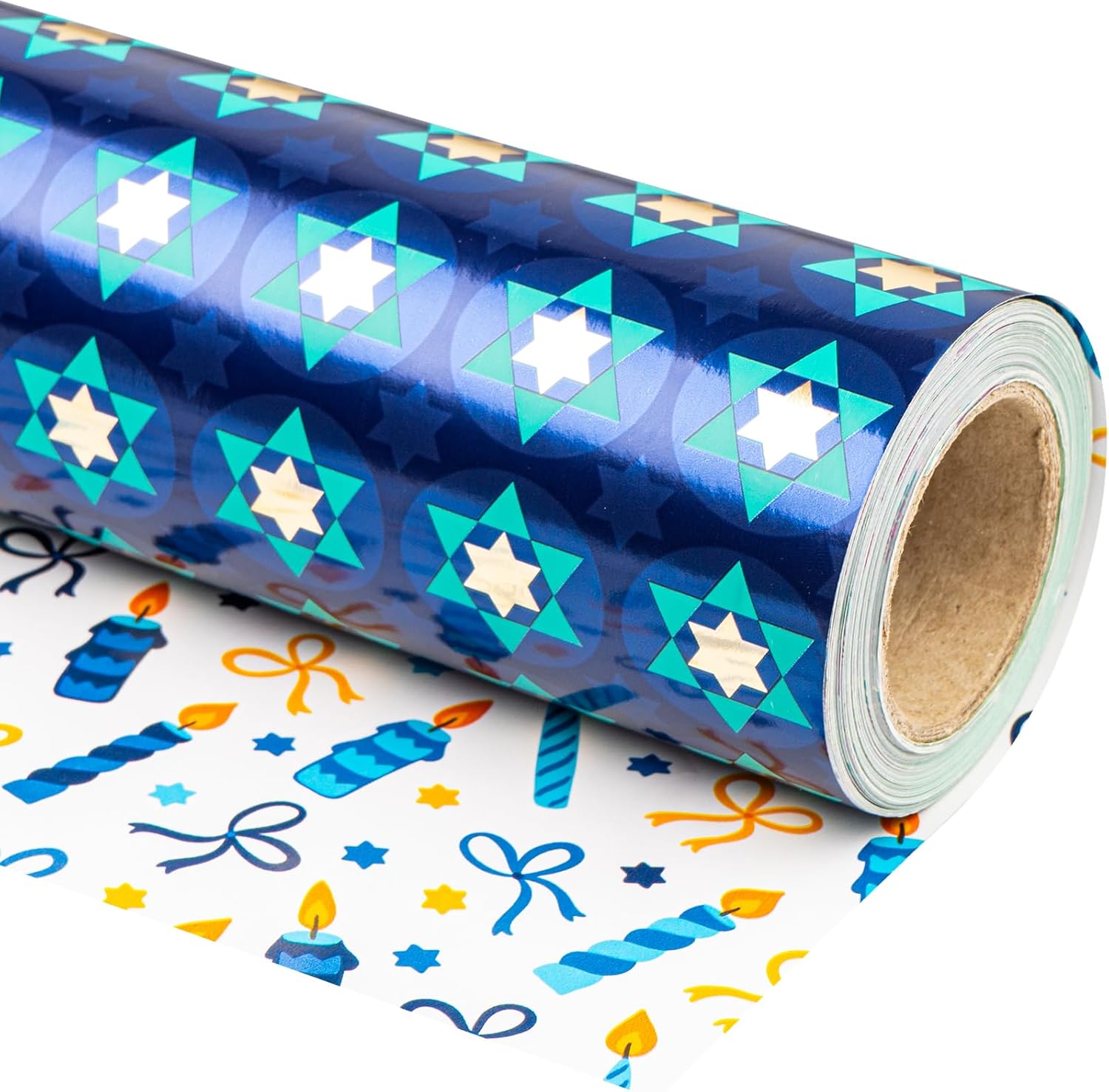 RUSPEPA Reversible Hanukkah Wrapping Paper - Mini Roll - 43.2cm x 10m - the Star...