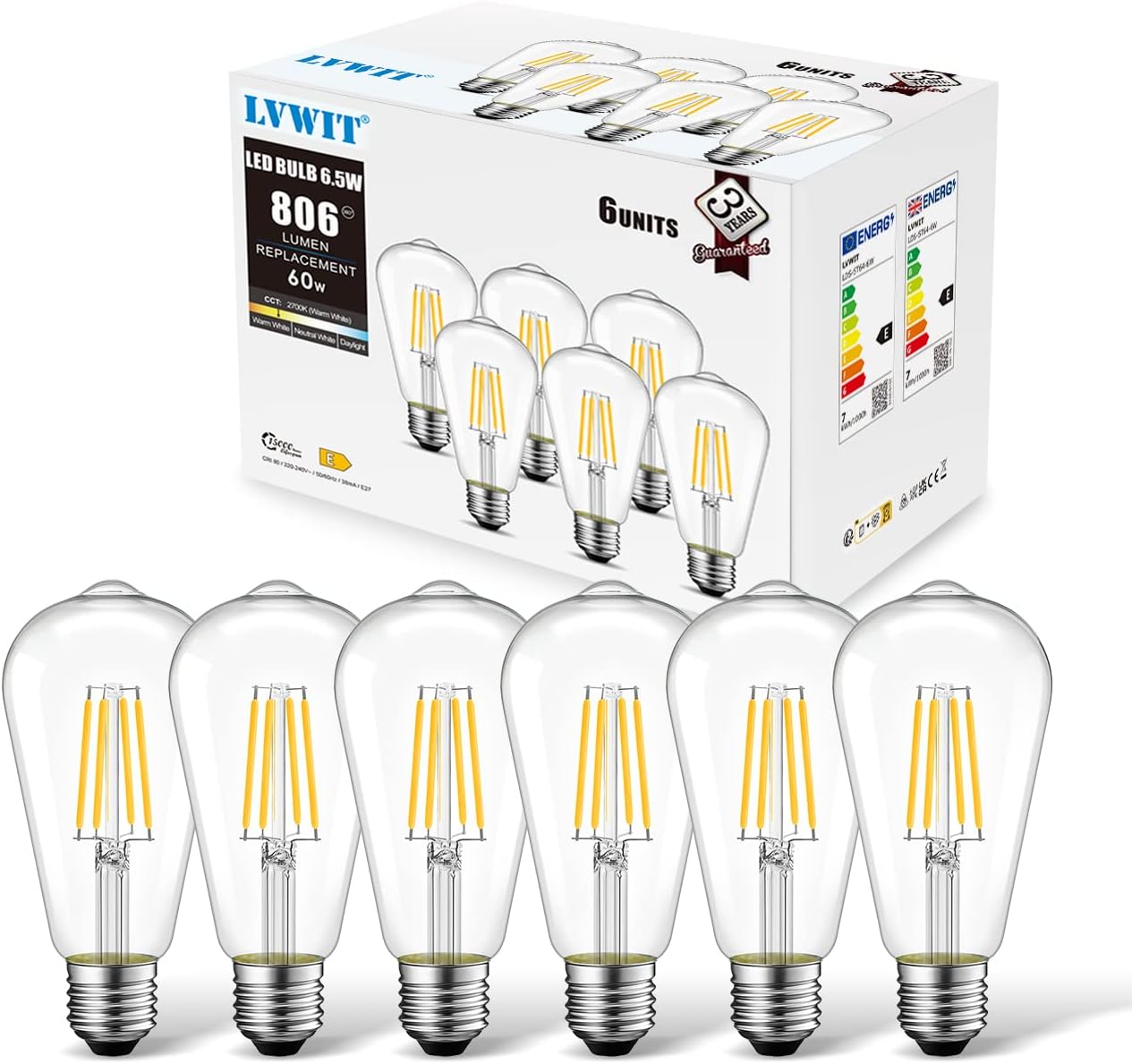 LVWIT Vintage E27 Led Filament Bulb,Antique 6.5W ST64 LED E27 Edison Screw Bulb...