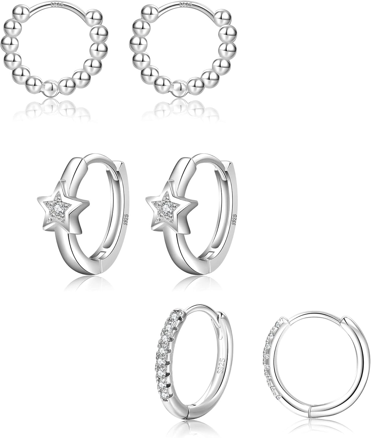 3 Pairs Silver Hoop Earrings for Women Girls,925 Sterling Silver Earrings Cubic...