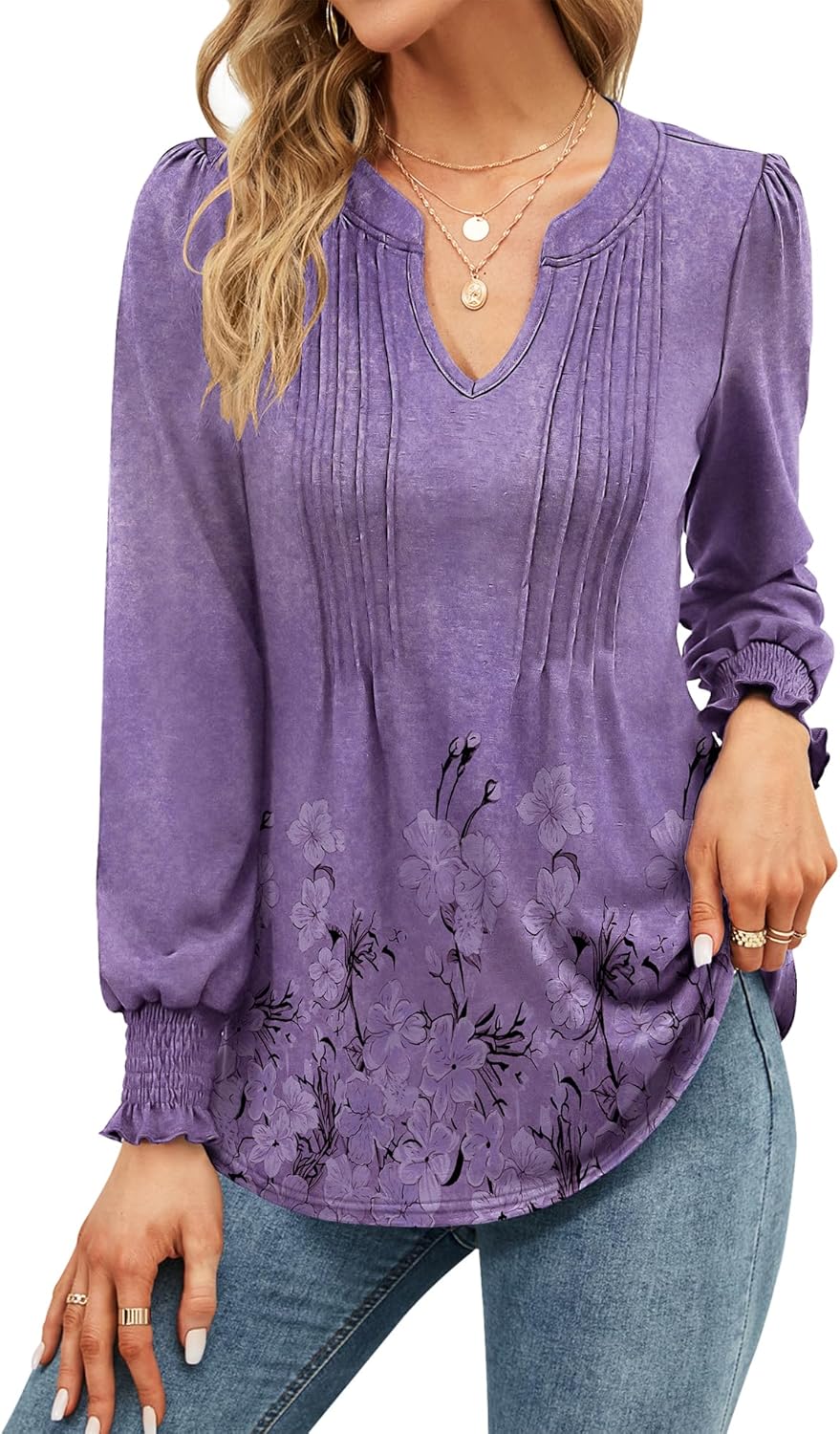 EFFAN Womens V Neck Tops Puff Short Sleeve T-Shirt Pleated Floral Printed Tunic...