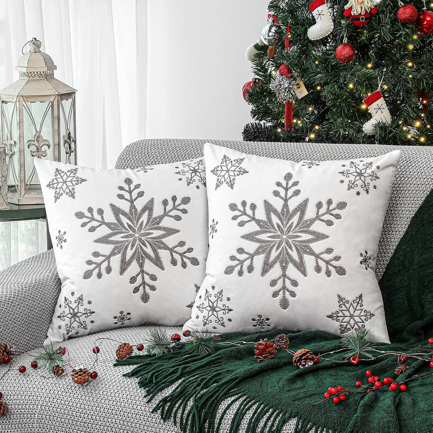 Lewondr Christmas Throw Pillow Covers, 20x20 Inch Snowflake Embroidery Pillow Ca...