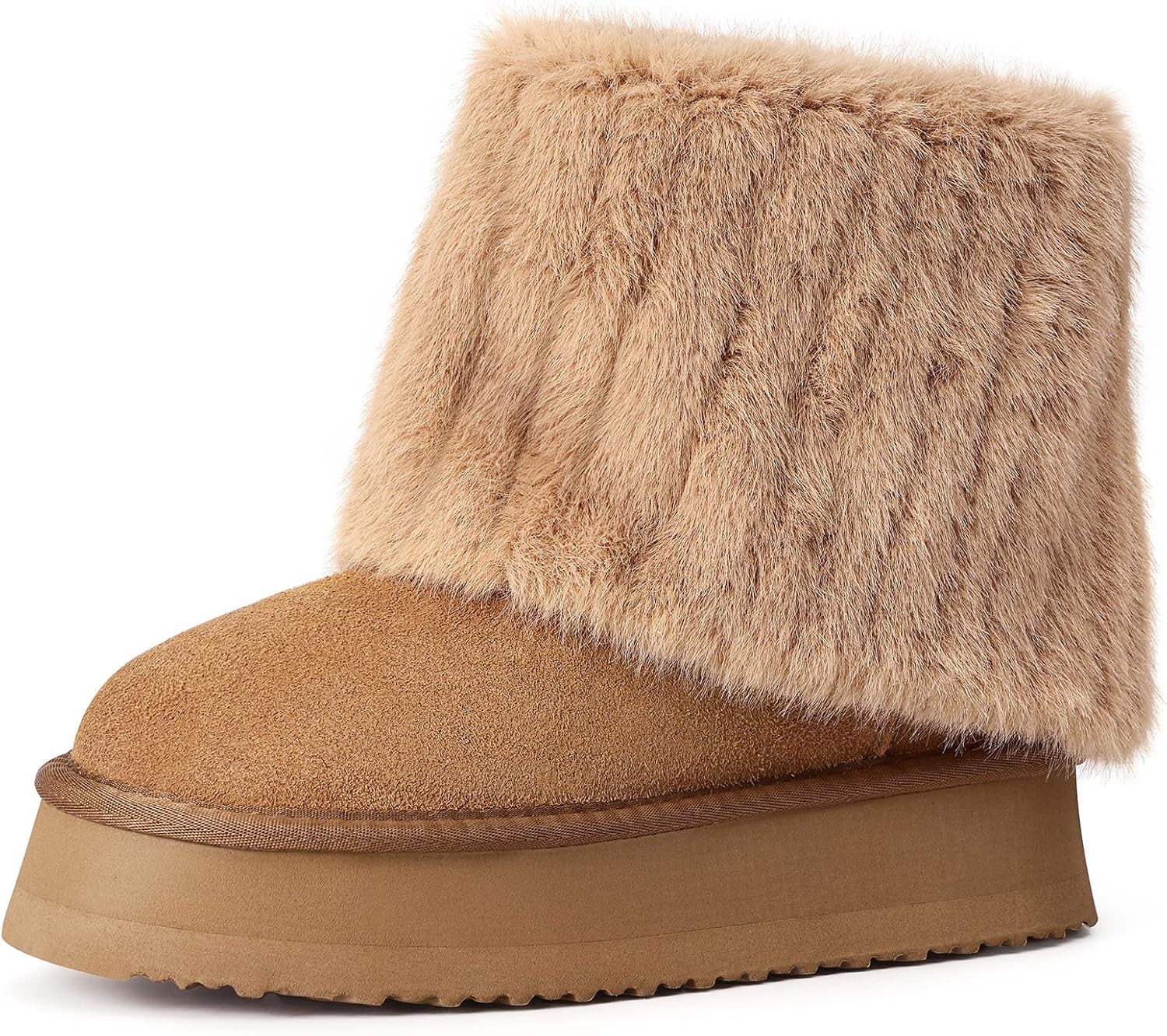 Pasuot Platform Fur Boots for Women - Genuine Cow Suede Platform Furry Faux Fur...