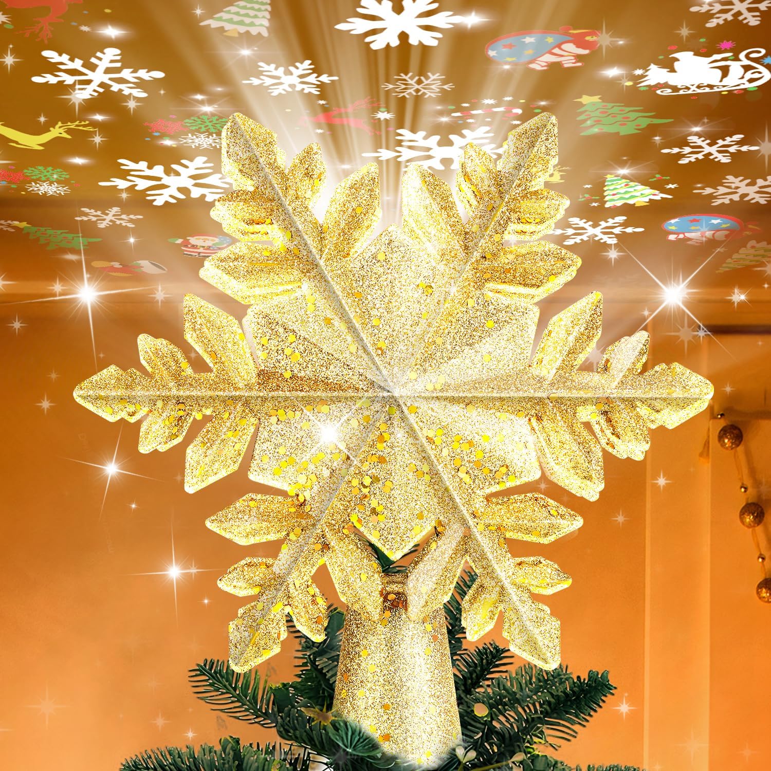 Mrrihand Christmas Tree Topper Lighted with 6 Projection Modes, Built-in 360° LE...