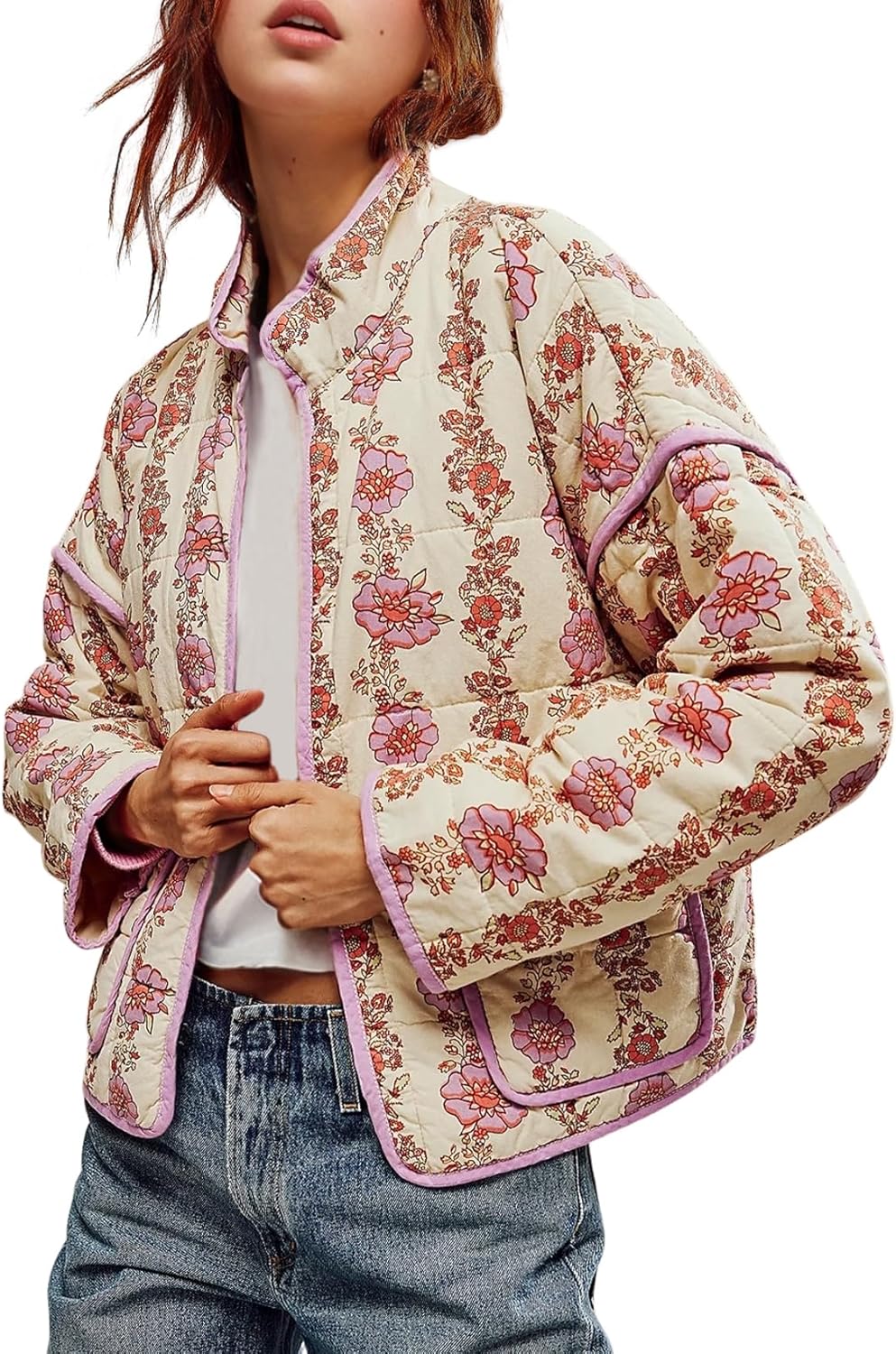Wyeysyt Women's Cropped Puffer Jacket Lightweight Floral Print Long Sleeve Padde...