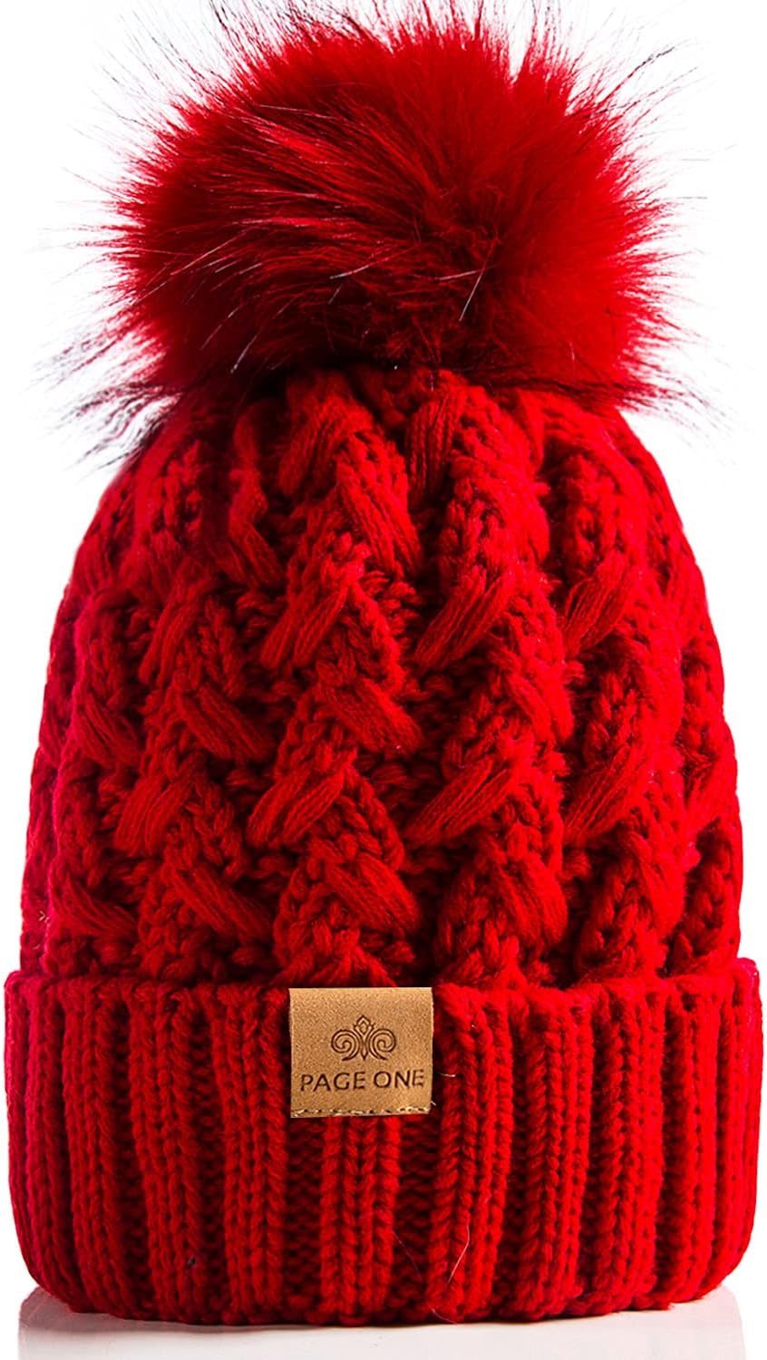 PAGE ONE Womens Winter Ribbed Beanie Crossed Cap Chunky Cable Knit Pompom Soft W...