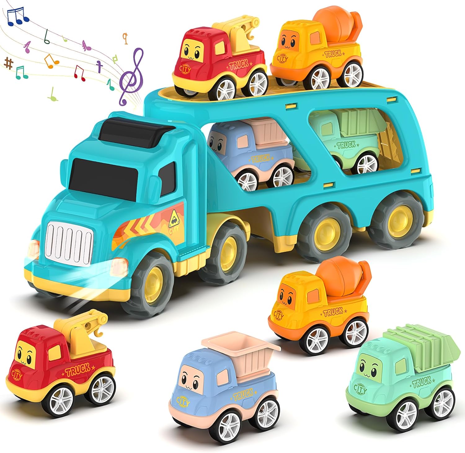 Toddler Car Toys for 3 4 5 Years Old Construction Transport Truck with 4 Pack Sm...