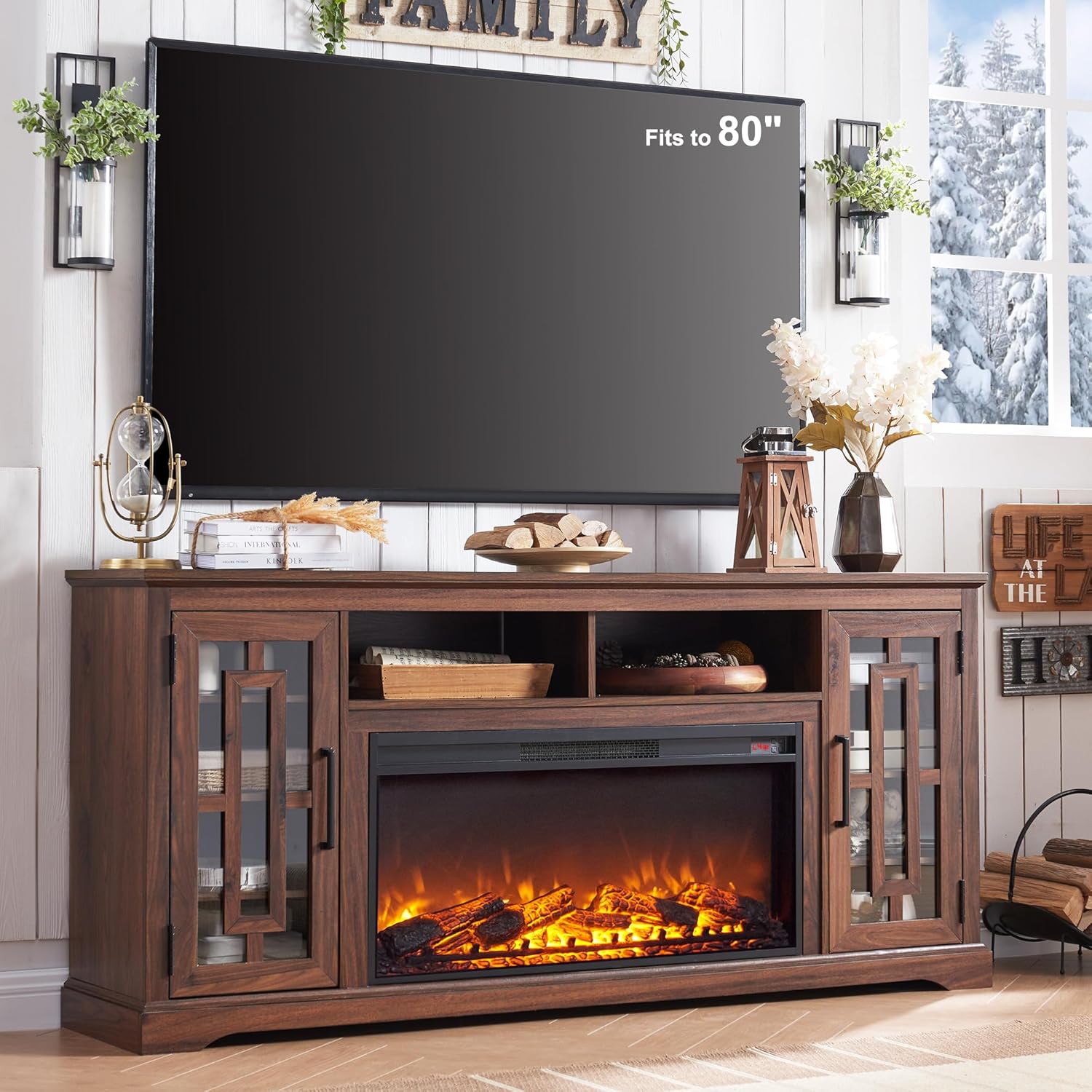 JXQTLINGMU Fireplace TV Stand with 36" Electric Fireplace for 80 Inch TV, Farmho...