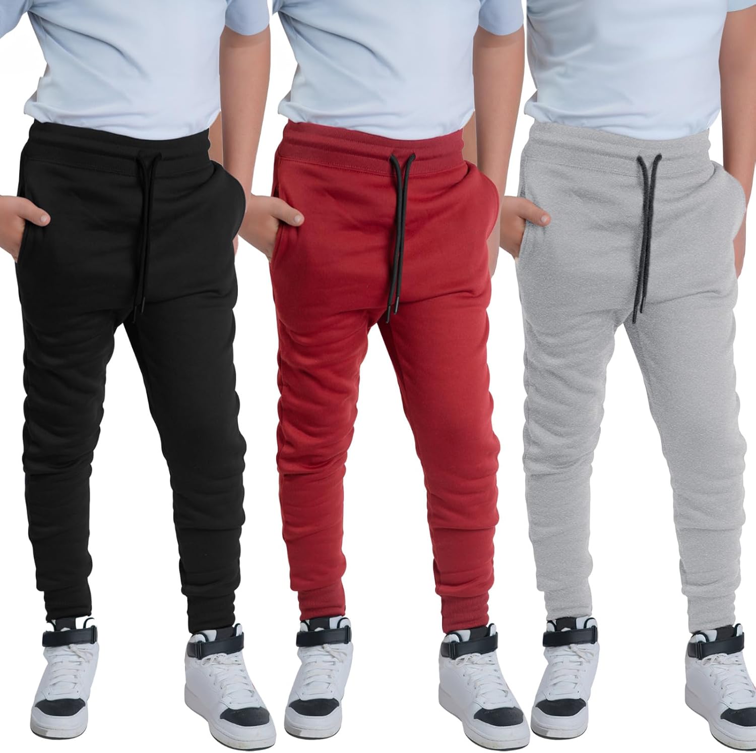 3 Pack Boys Sweatpants - Poly Fleece Boys Joggers with Open Pockets & Drawstring...