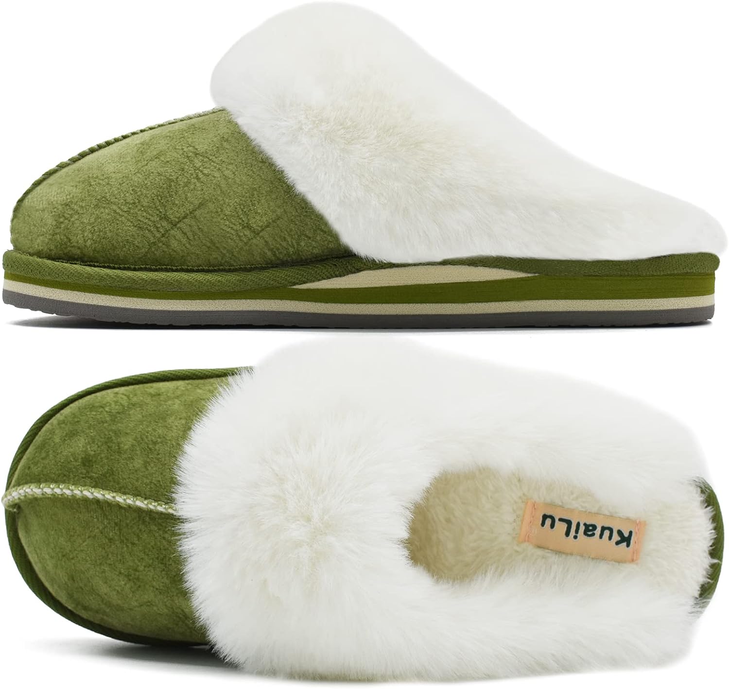 KuaiLu Womens Fluff Dual Memory Foam Slippers Ladies Cozy Arch Support Warm Scuf...
