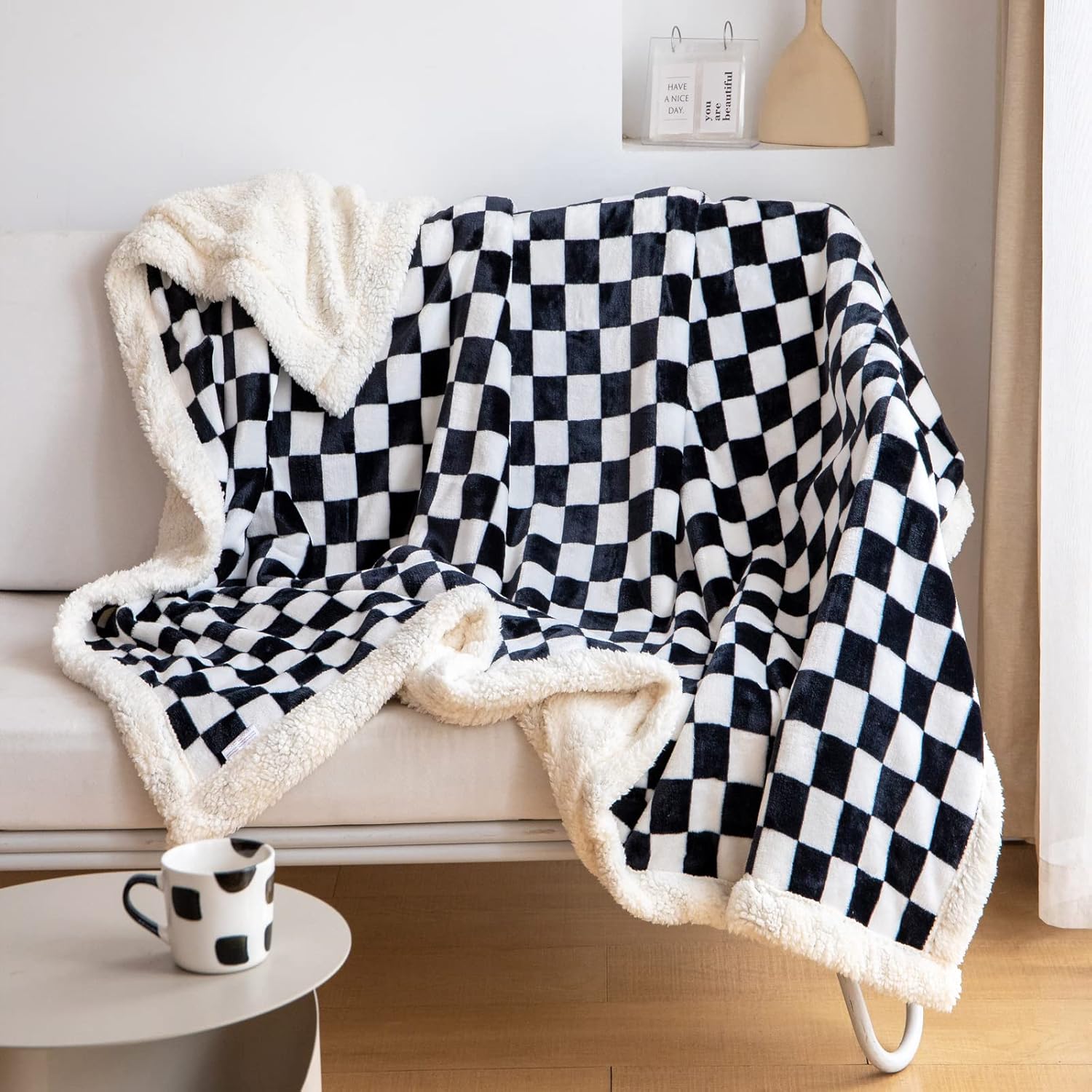LOMAO Sherpa Throw Blanket Fleece Blanket with Checkered Pattern Soft Thick Blan...