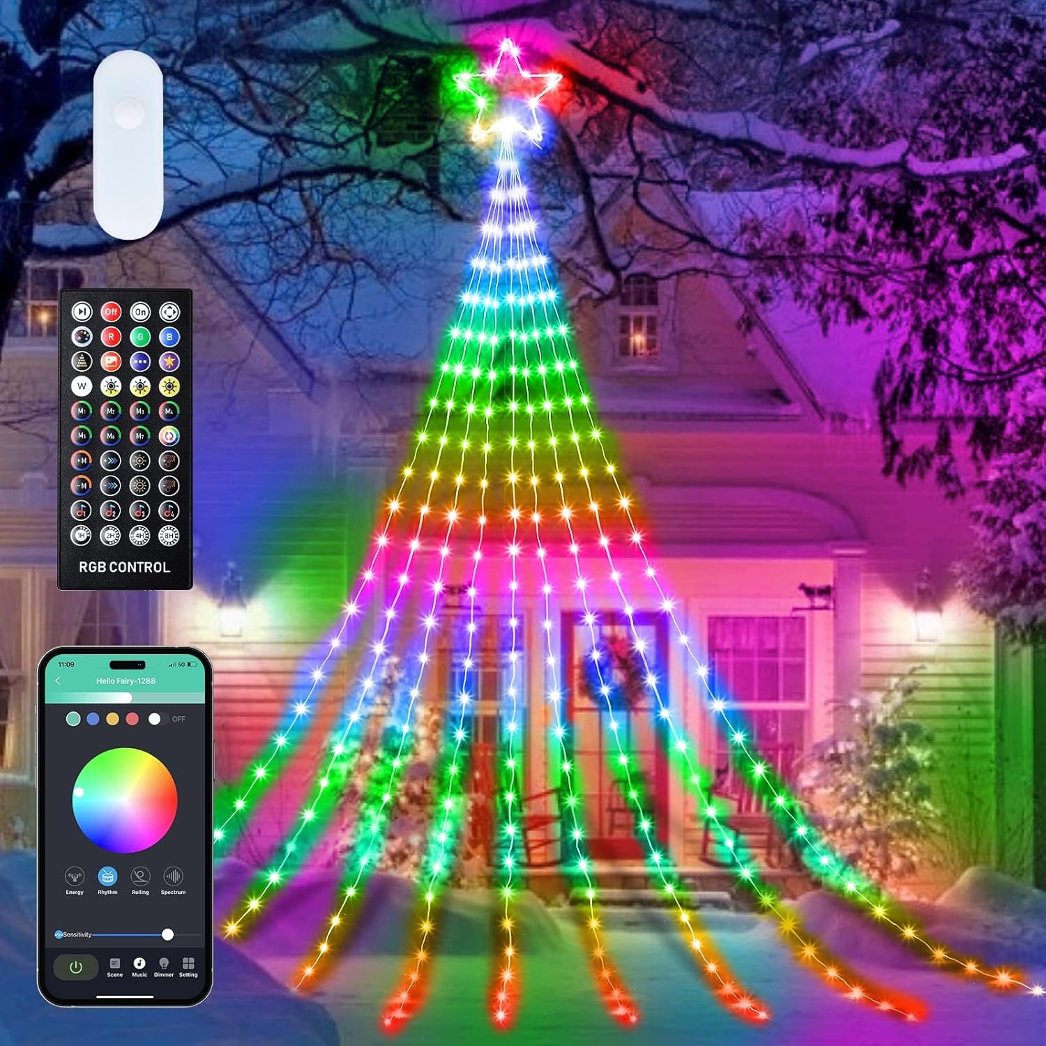 Outdoor Christmas Star String Lights, 16.4Feet 317LED Smart RGB Waterfall Tree S...