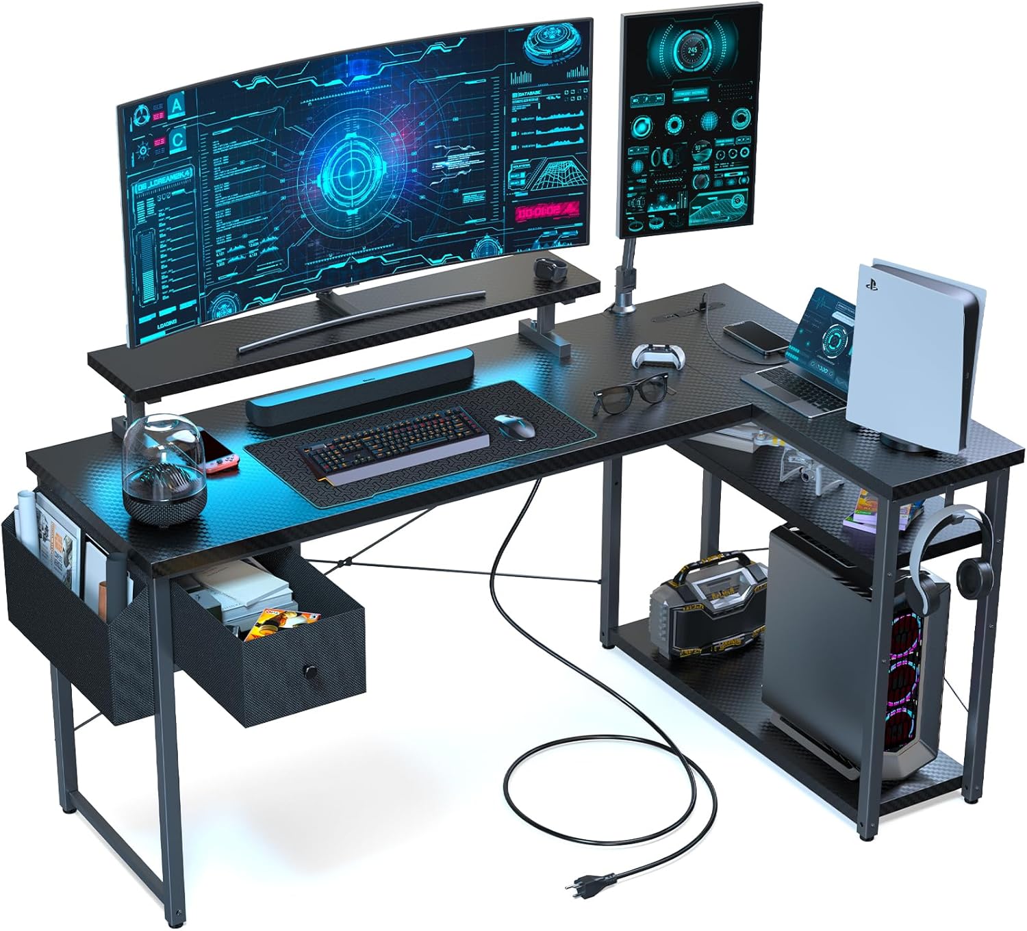 L Shaped Gaming Desk, 55 Inch Computer Desk with Adjustable Stand & RGB Lights,...