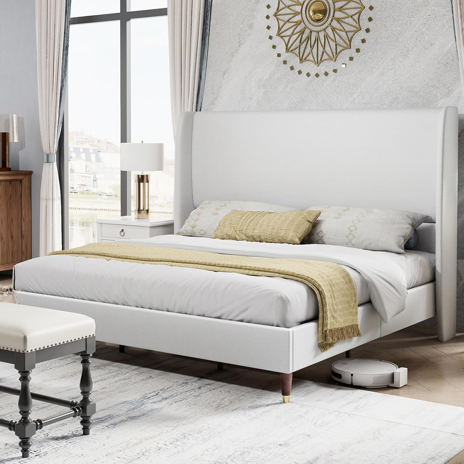 Queen Platform Bed Frame 51.2" High Headboard Tall Upholstered Bed/No Box Spring...