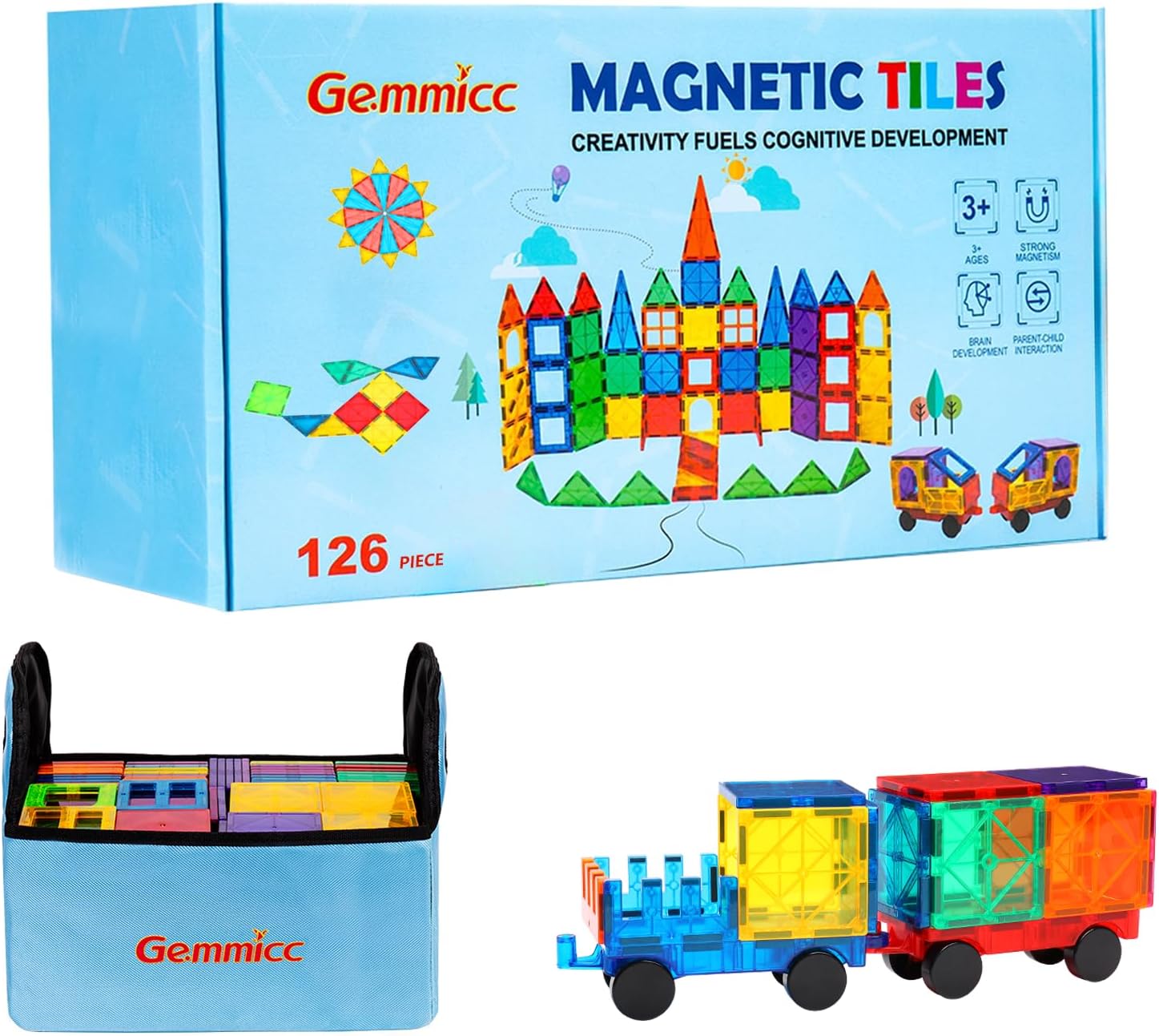 Gemmicc Magnetic Tiles, 126 PCS + Storage Case, STEM Building Blocks Magnet Toys...
