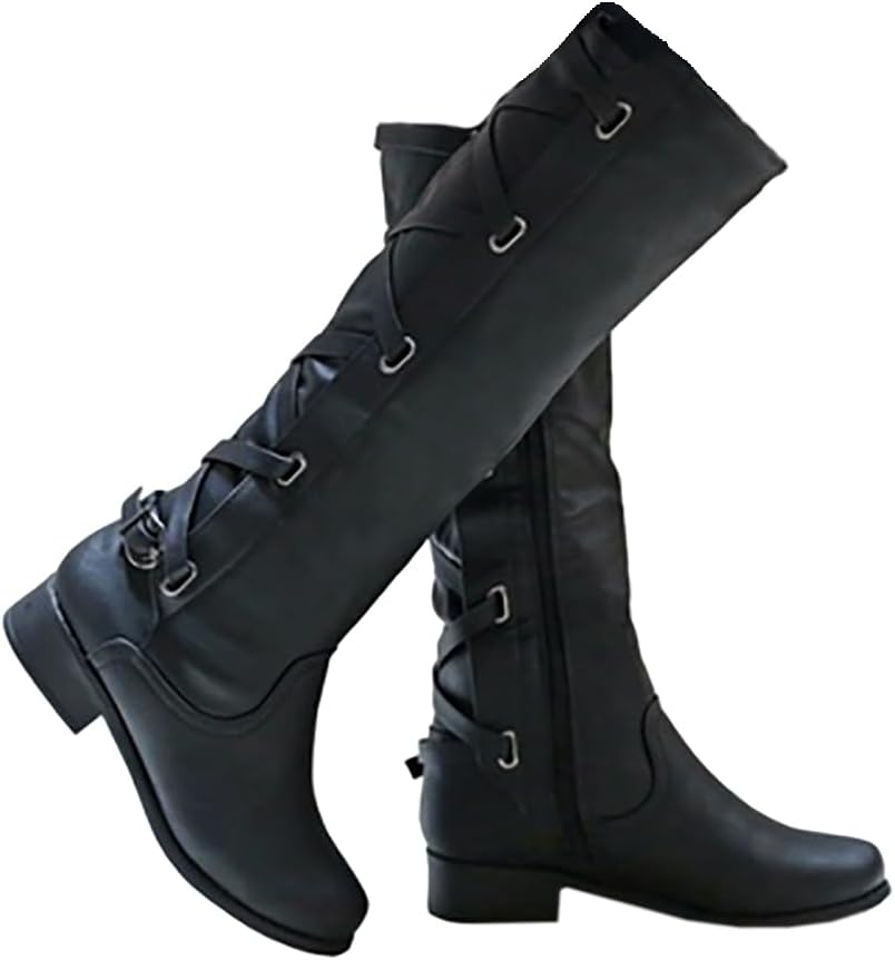 Syktkmx Womens Strappy Motorcycle Knee High Boots Winter Lace Up Riding Flat Low...