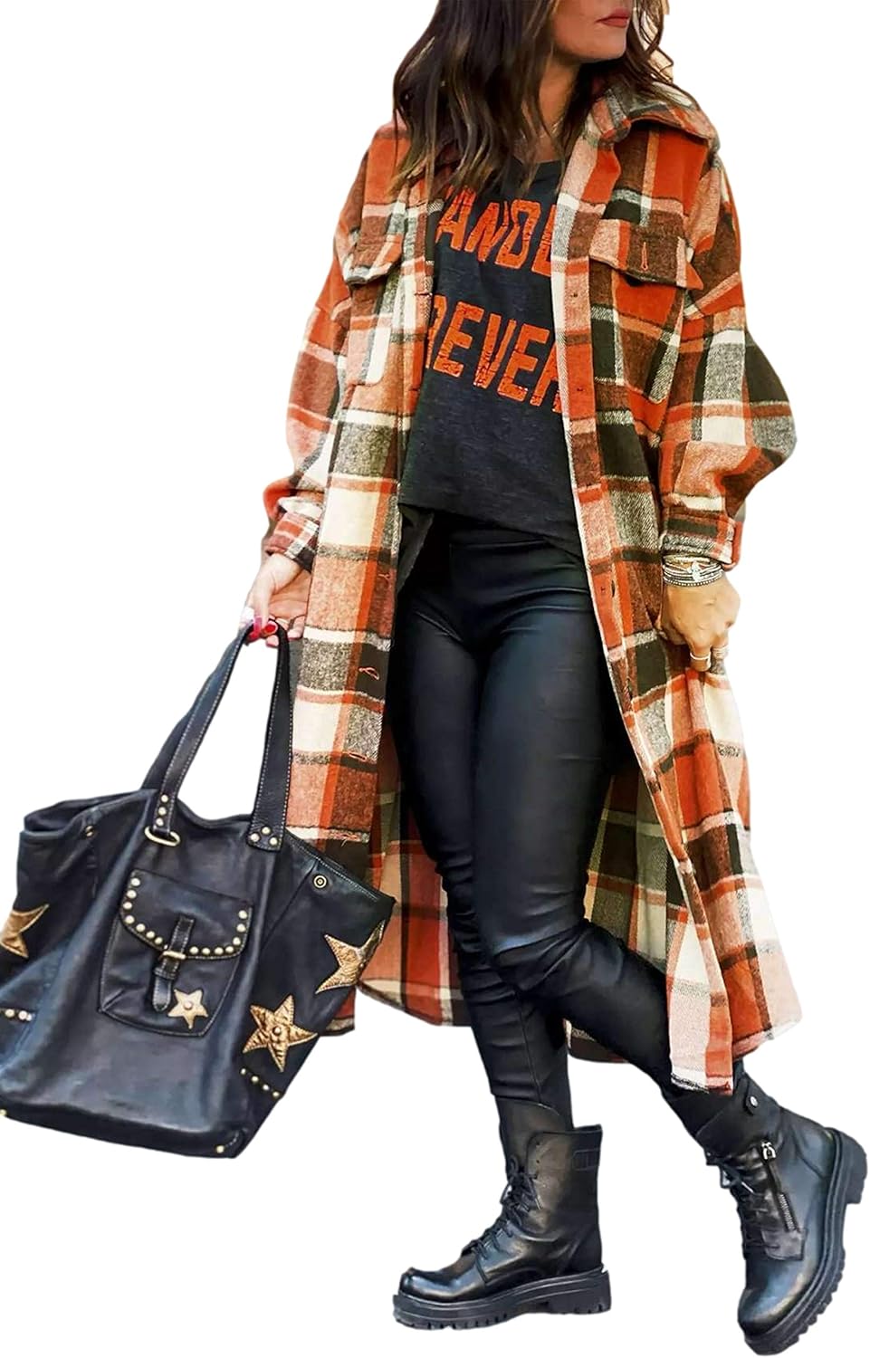 UANEO Plaid Coat Women Button Down Long Plaid Jacket Fall Flannel Trench Coat Re...
