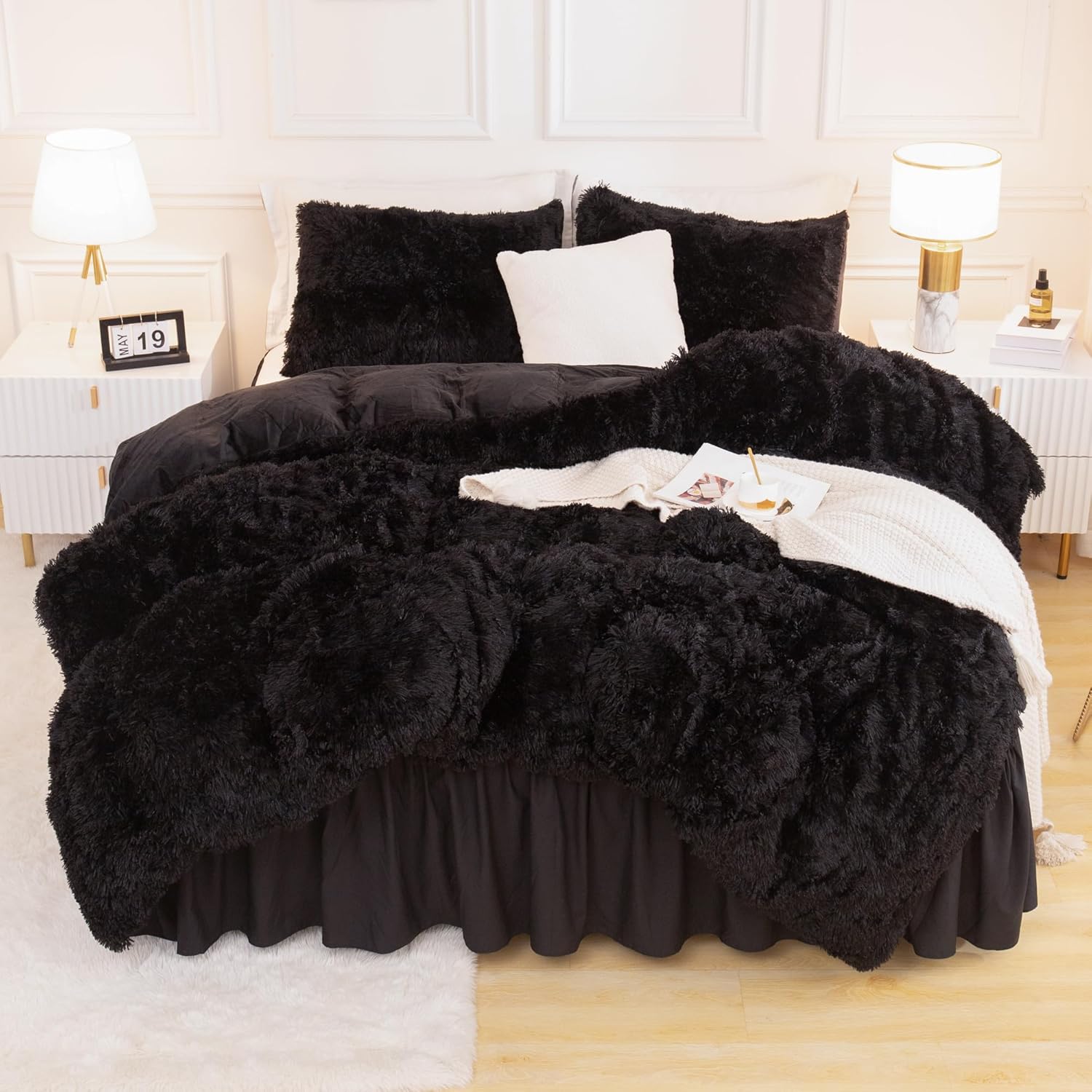 Andency Fluffy Black Comforter Set King Size, 3 Pieces Winter Faux Fur Warm Soft...
