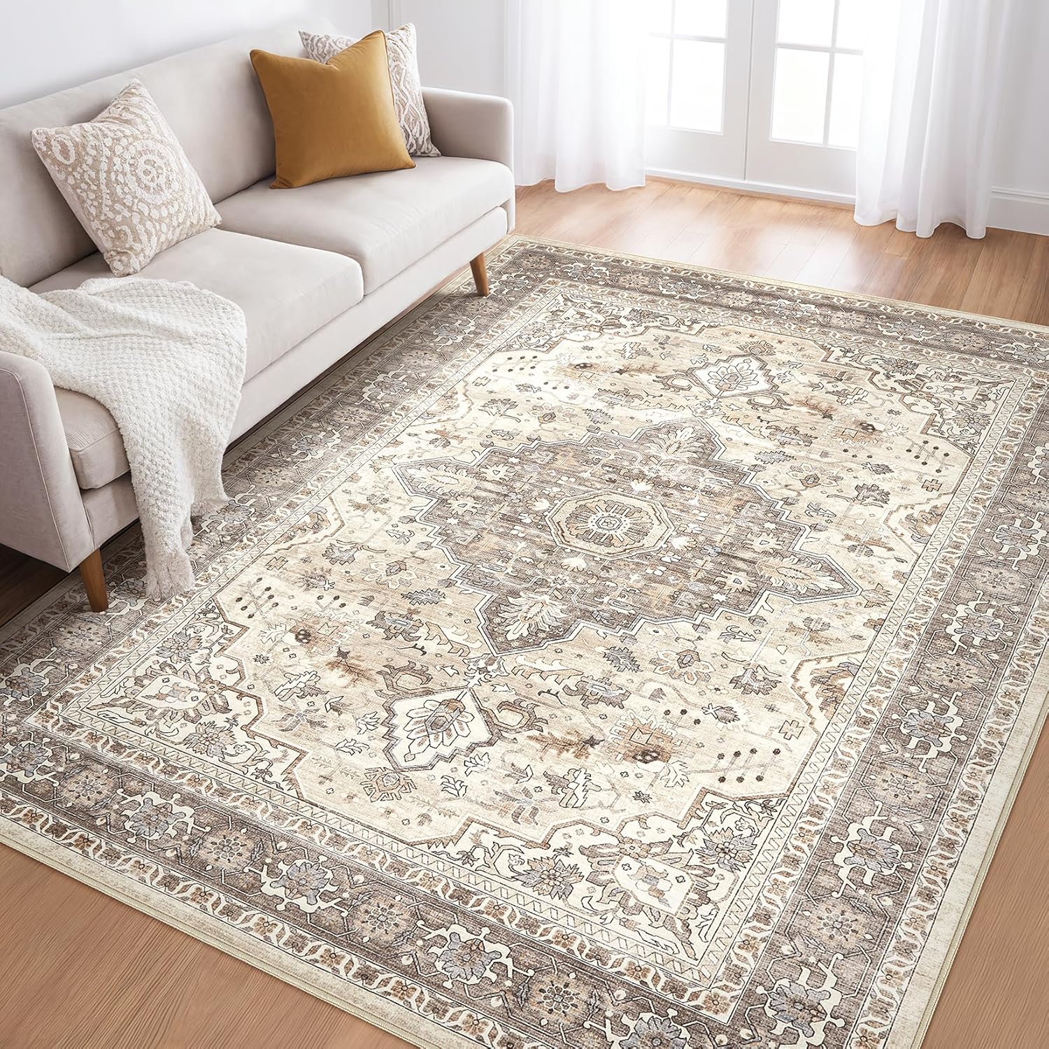 5x7 Area Rugs Living Room Rug: Large Soft Machine Washable Boho Vintage Stain Re...