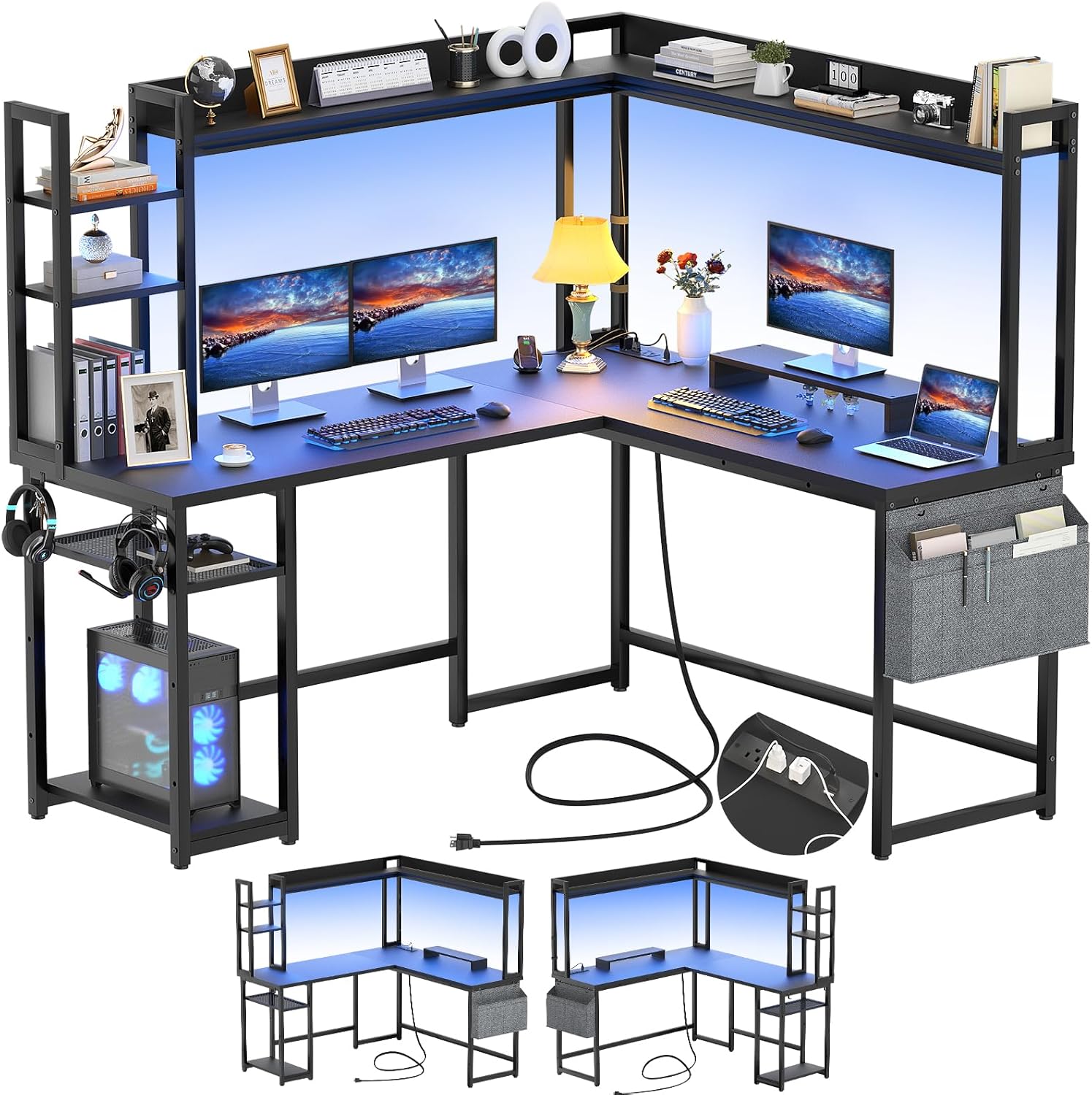 Aheaplus L Shaped Desk with Power Outlet, L Shaped Gaming Desk with Led Light &...