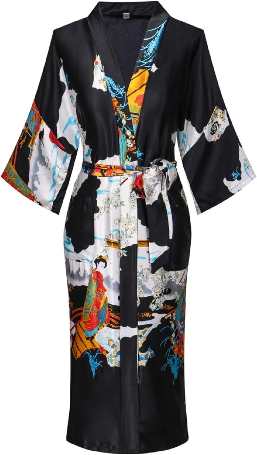 Women's Floral/Patterned Silky Kimono Robes Long Satin Bathrobes Sleepwear Loung...