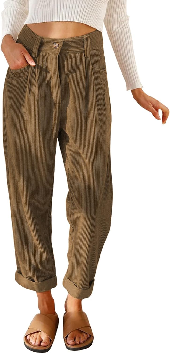 Acelitt Womens Elastic Waist Straight Leg Corduroy Pants with Pockets, S-2XL Med...