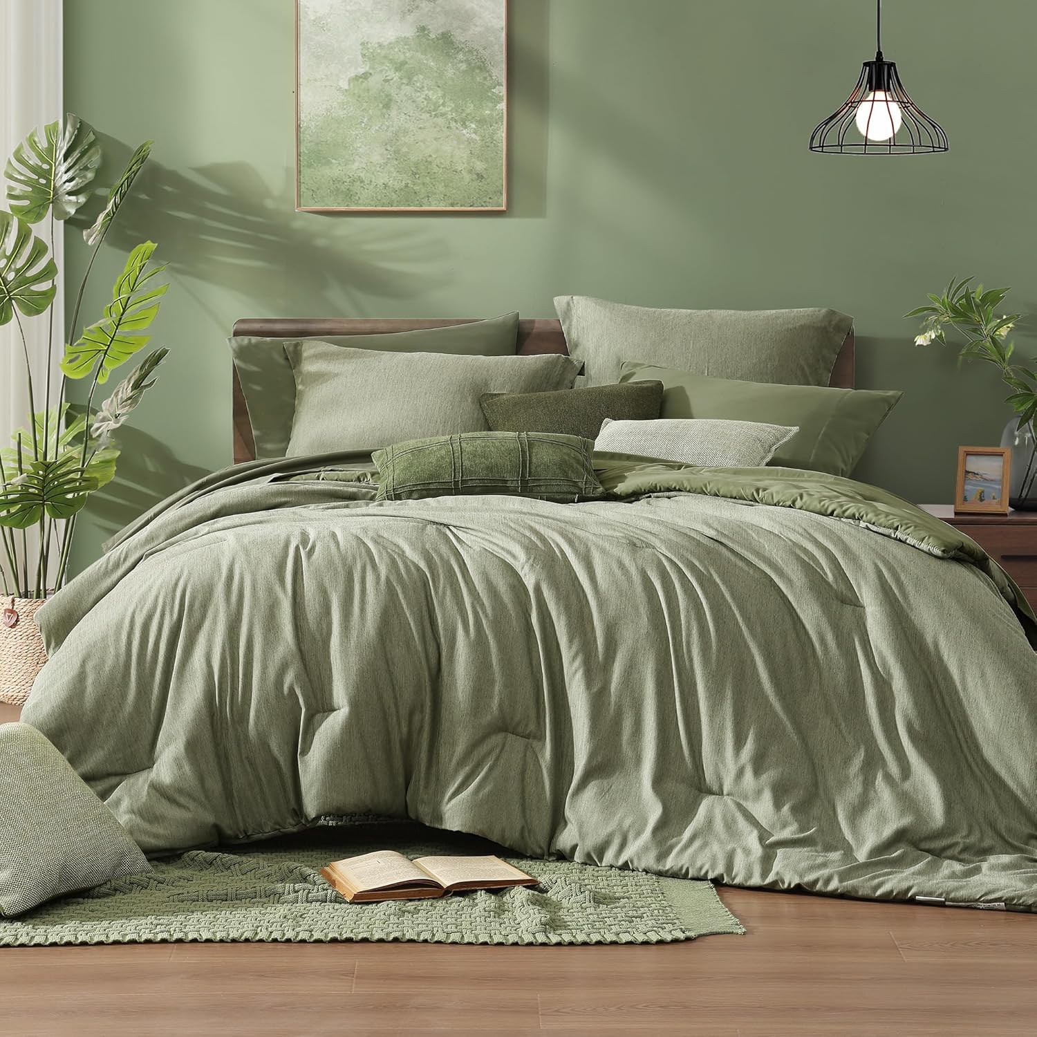 Monbix Queen Comforter Set - 7 Pieces Cationic Dyeing Sage Green Bed in a Bag Qu...