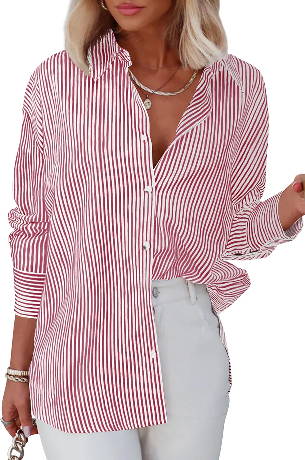 Diosun Womens Striped Button Down Shirts Classic Long Sleeve Stylish Collared Of...