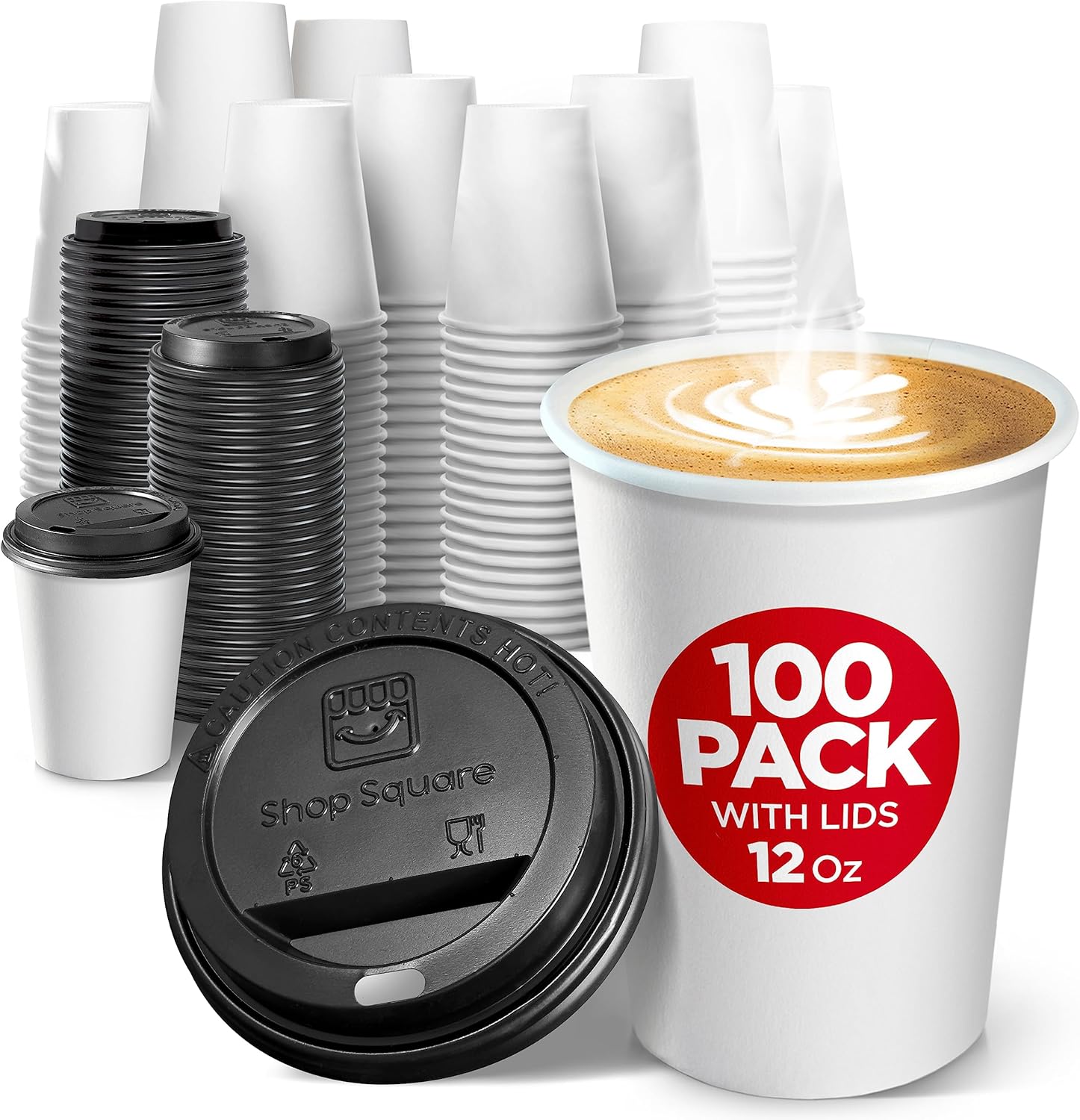 Disposable Coffee Cups with Lids 12 oz (100 Pack) - Paper Coffee Cups, Paper Cup...