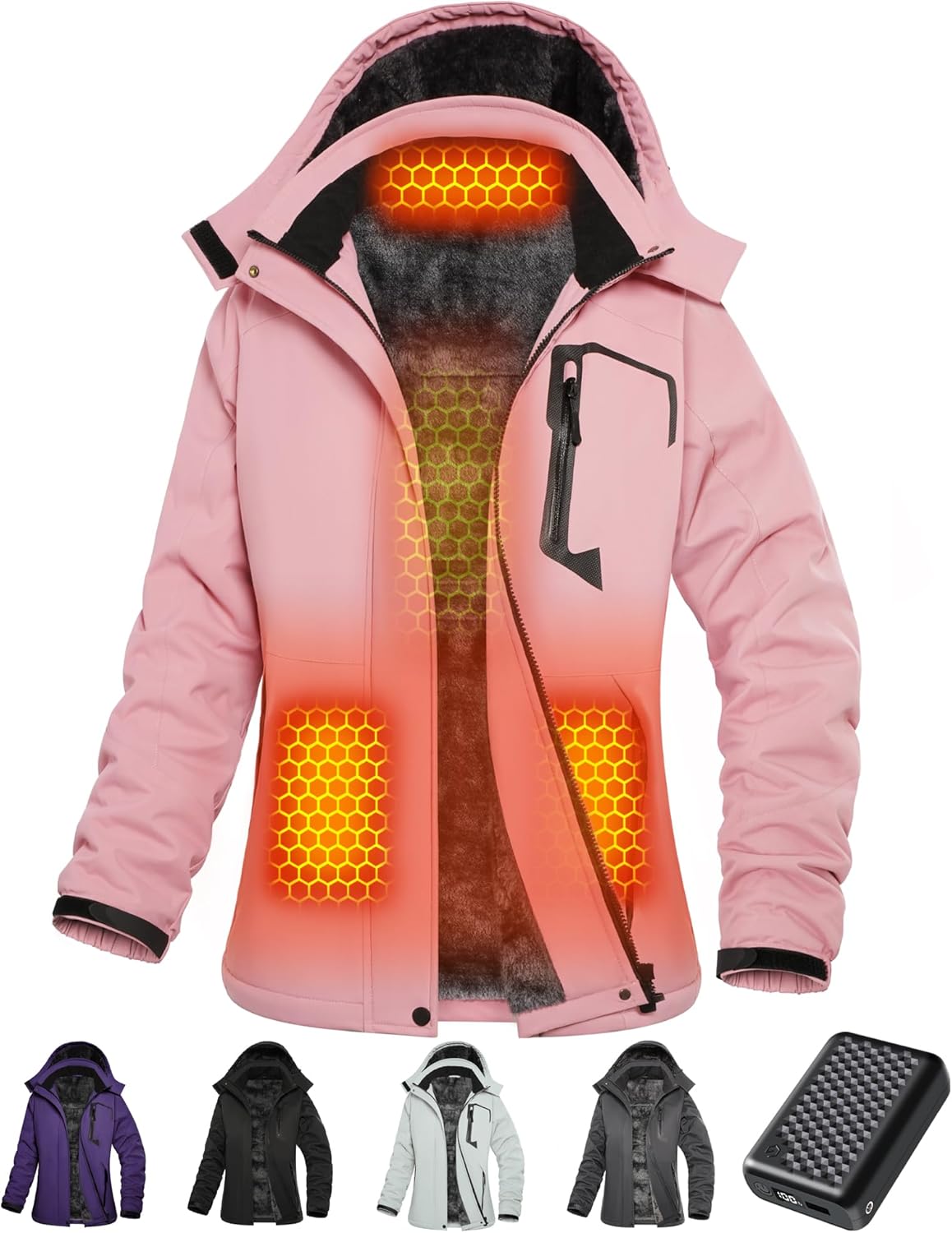 Wulcea Graphene Heated Jacket for Women Fur Lined with Large Capacity Battery Pa...