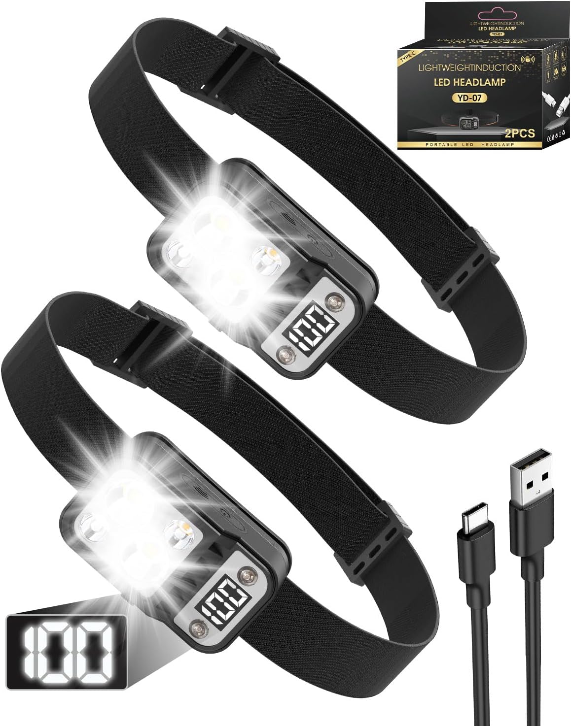 Andizun Head Torch Rechargeable, Digital Display Super Bright LED Headlamp Headl...