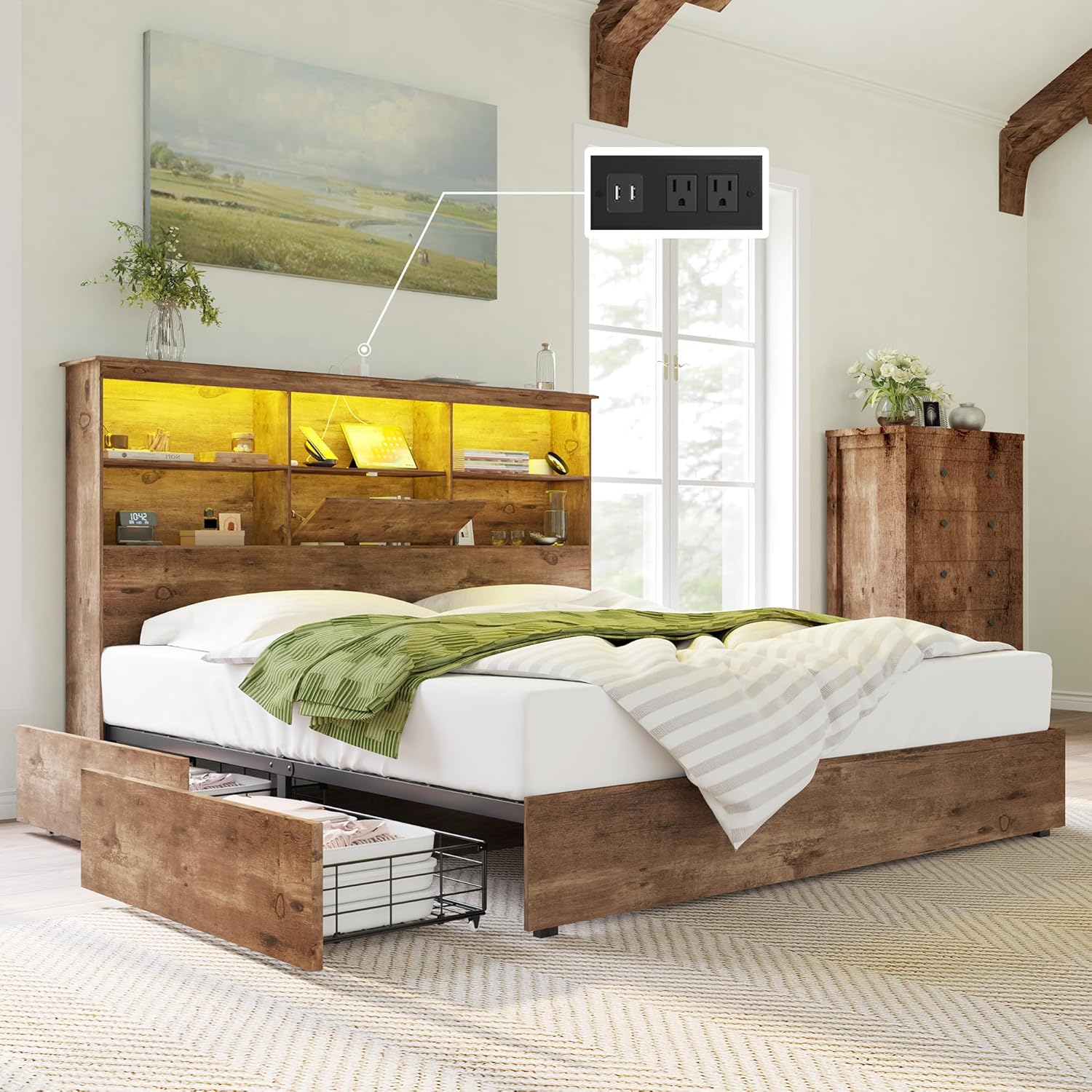 AMERLIFE King Size Bed Frame Wooden Platform Bed with 51.2" Storage LED Bookcase...